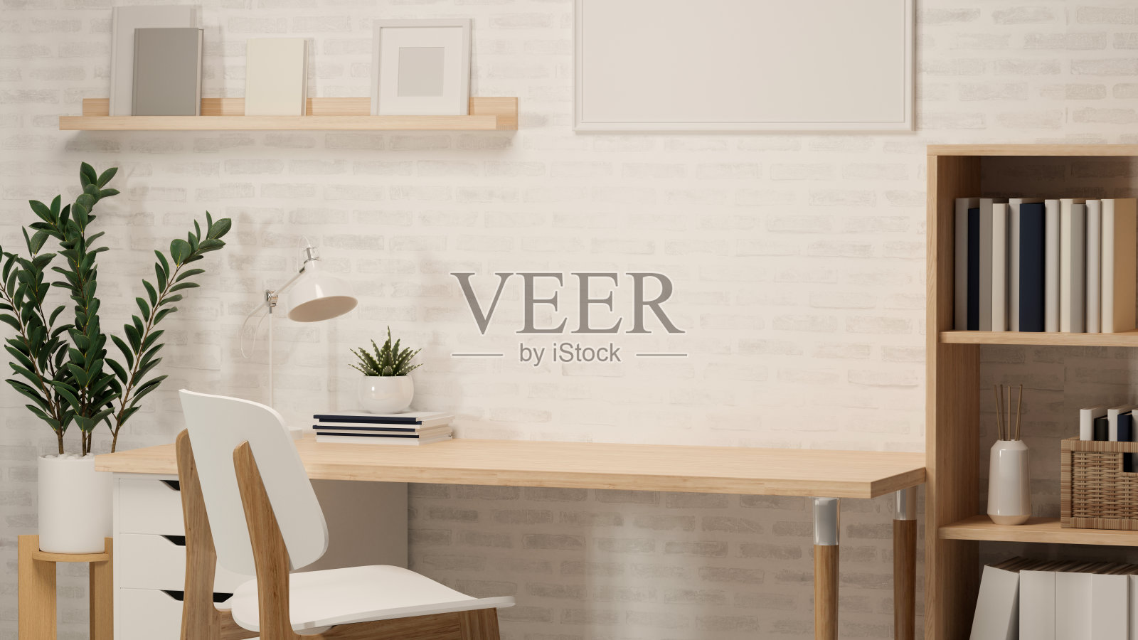 3D渲染，家庭办公工作台，书架，花盆，框架，其他装饰和椅子，3D插图照片摄影图片