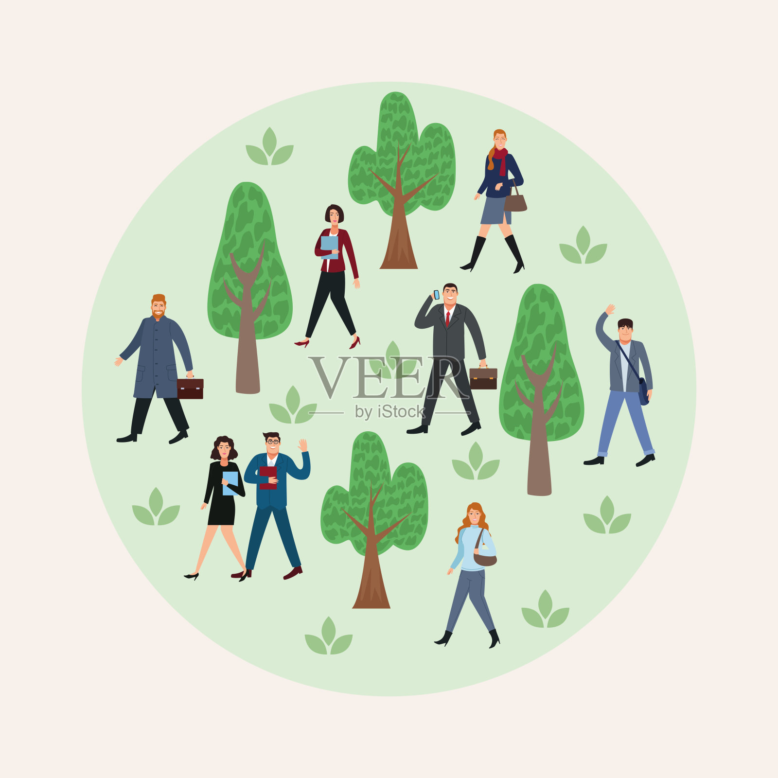 八位商务人士在公园散步回办公室插画图片素材