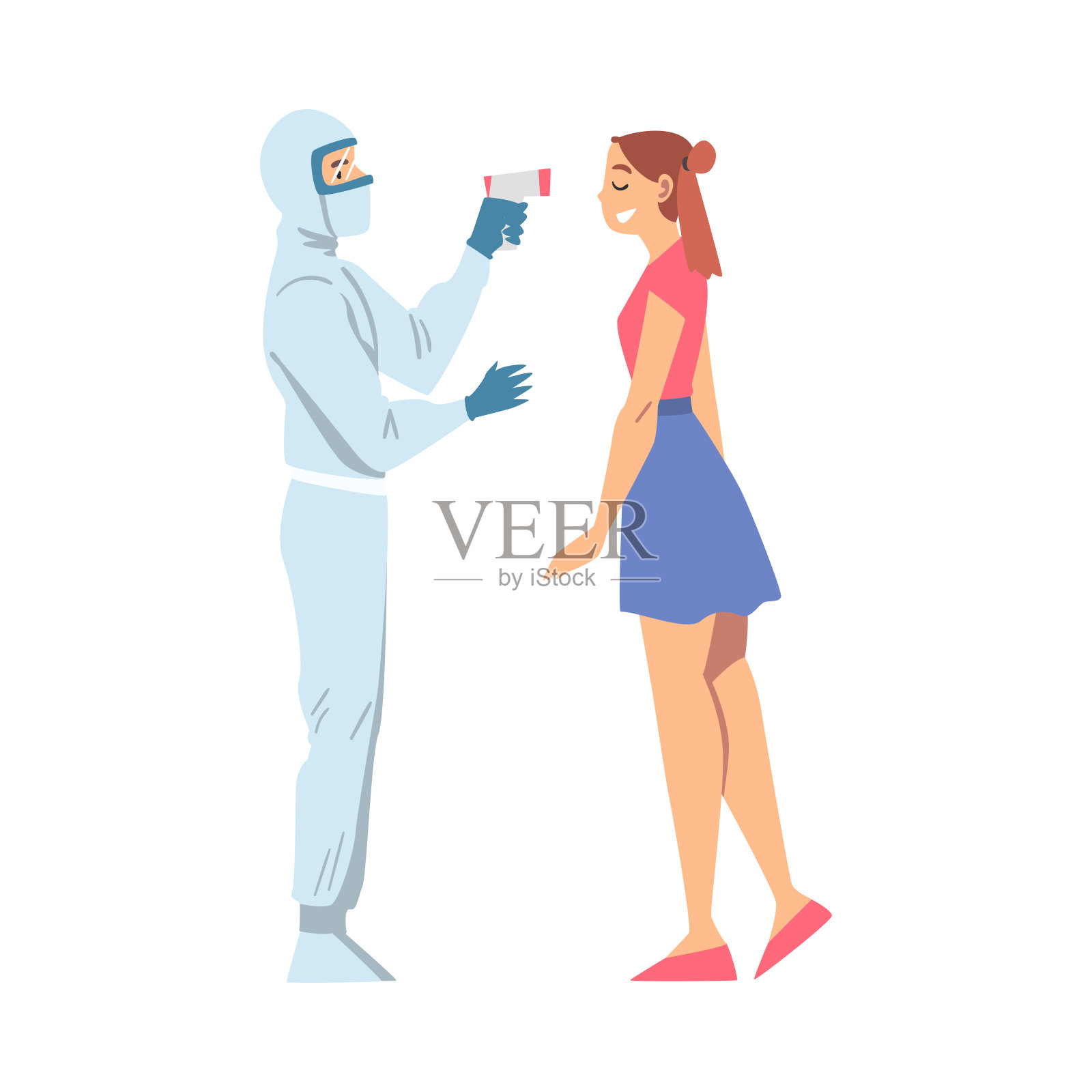 医生用身体扫描仪测量女孩的温度，医疗专业人员在防护服检查温度擦洗冠状病毒感染载体插图插画图片素材