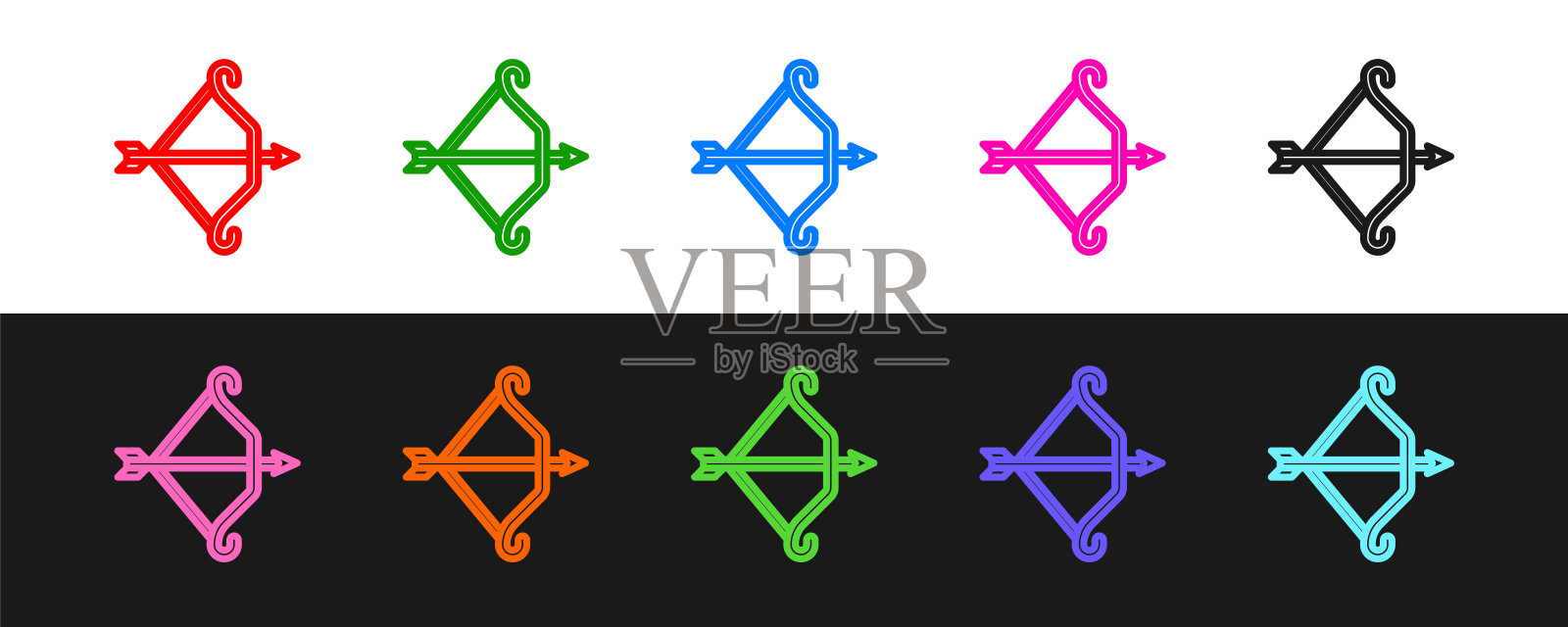 设置线中世纪弓与箭头图标孤立的黑色和白色背景。中世纪的武器。向量插画图片素材