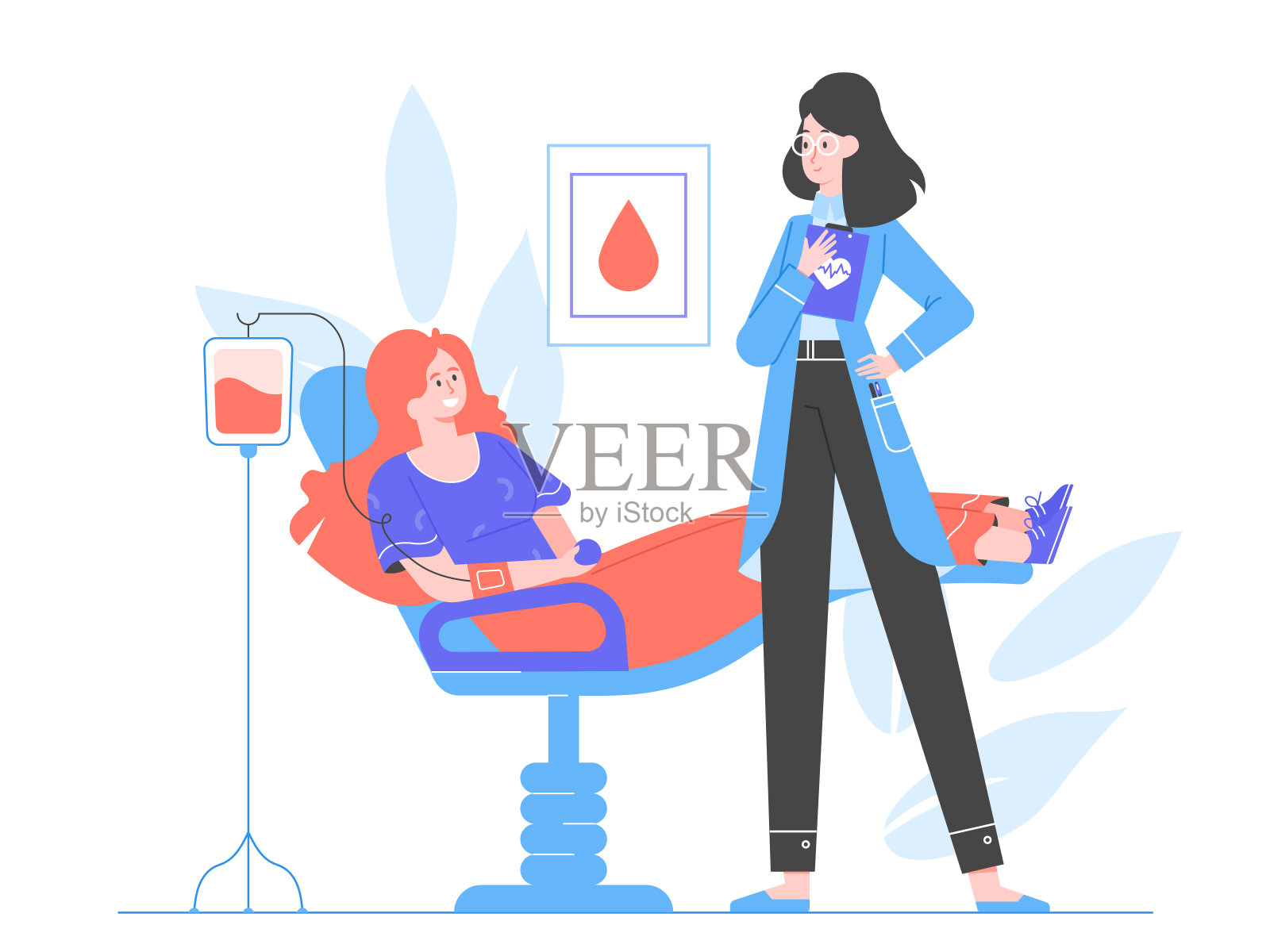 女孩去看医生。妇女自愿献血。输血、医疗检查、保健、世界献血者日。病人躺在医院的椅子上。平面向量。插画图片素材