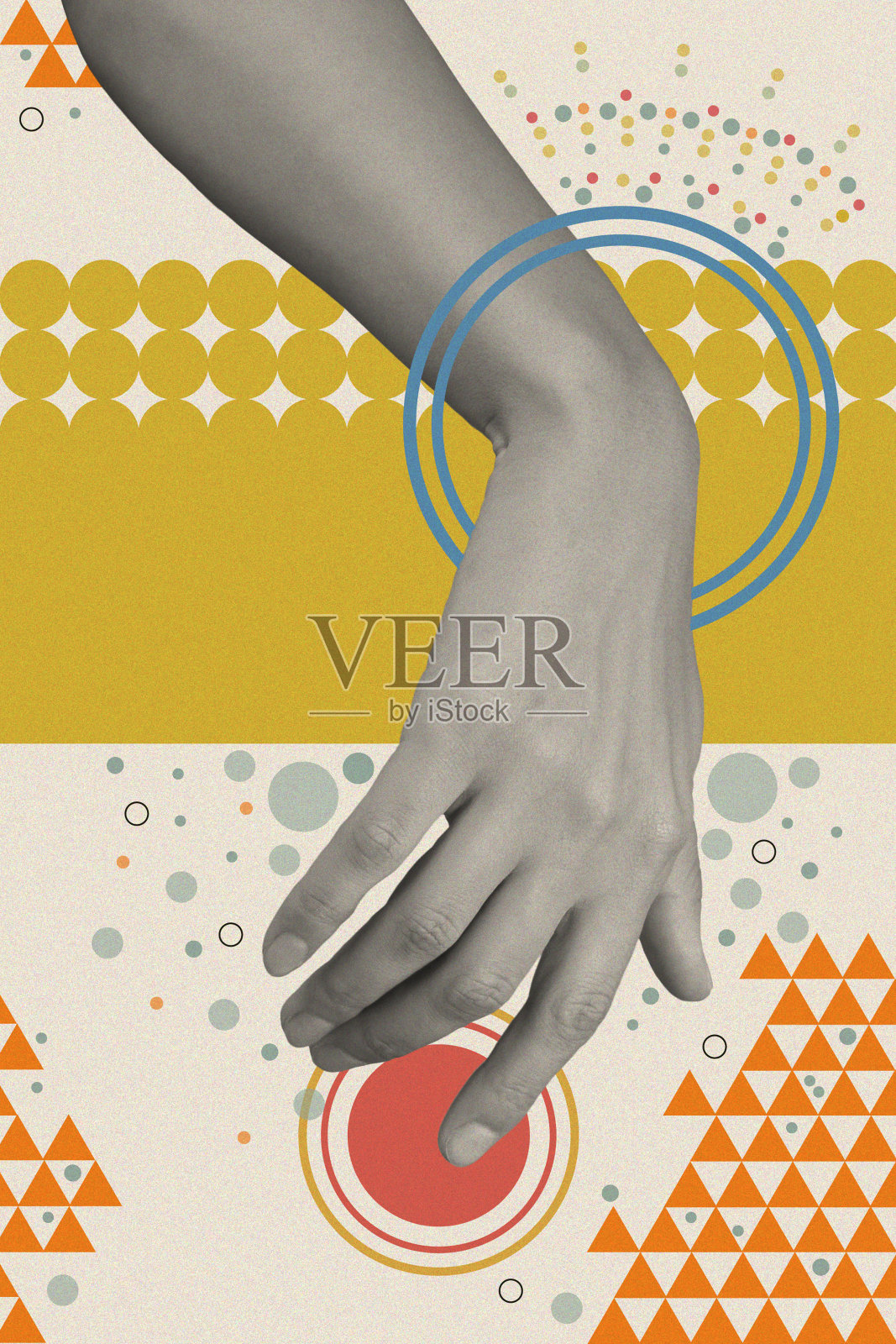 艺术拼贴与人的手掌和创意元素，几何形状的海报，横幅，壁纸。科学、研究、发现、技术概念。波普艺术。电子杂志的文化。时尚杂志的风格。照片摄影图片