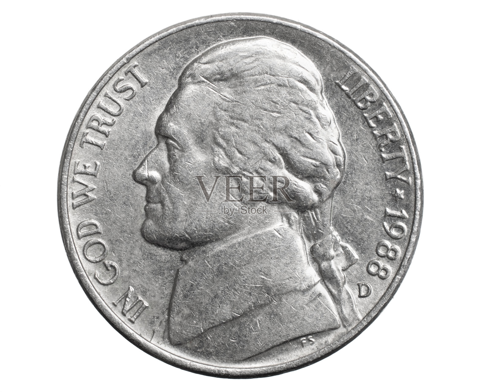 美国五美分硬币孤立在白色背景上照片摄影图片