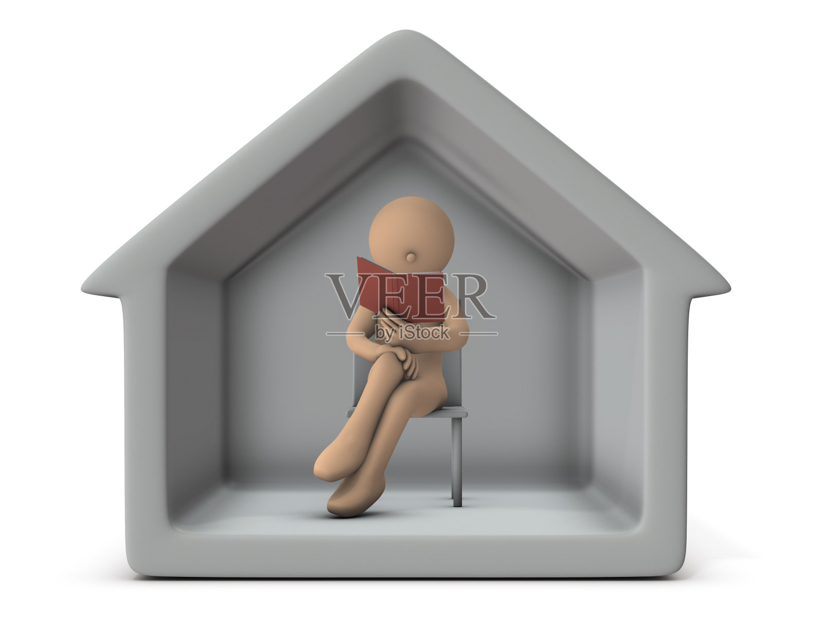 呆在家里。一个花时间在家读书的人物。白色背景。3 d渲染。照片摄影图片