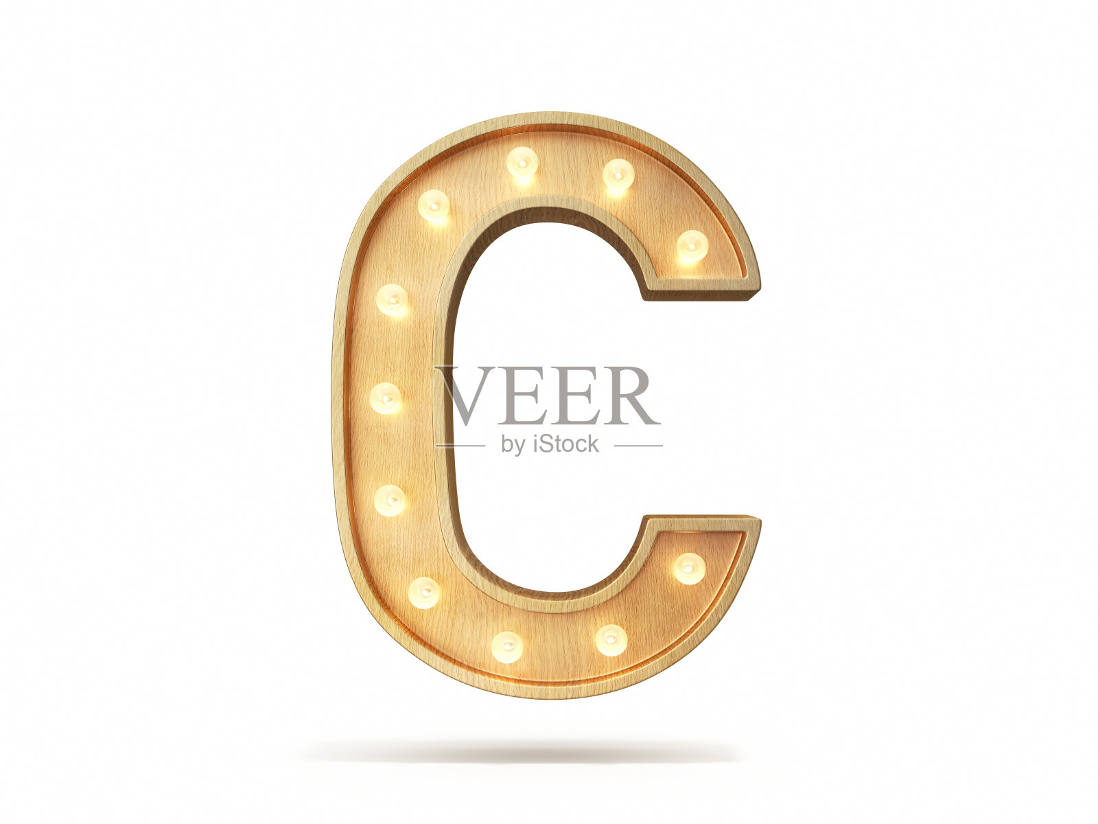 灯泡发光字体，3Dalphabet字母C，孤立的白色背景，股票照片照片摄影图片