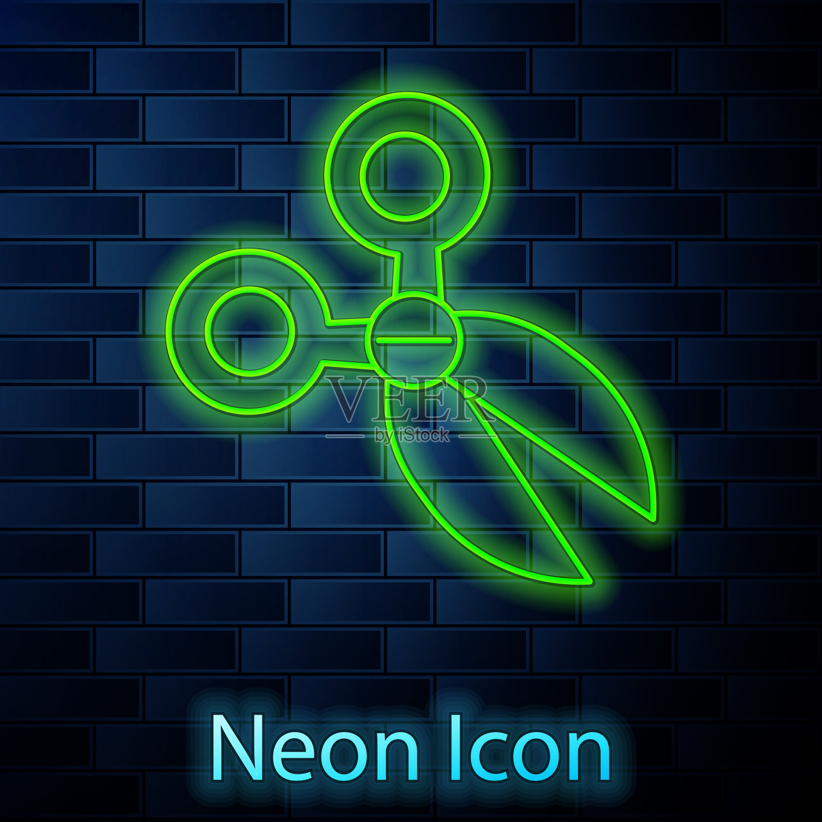 发光的霓虹灯线剪刀图标孤立在砖块上插画图片素材