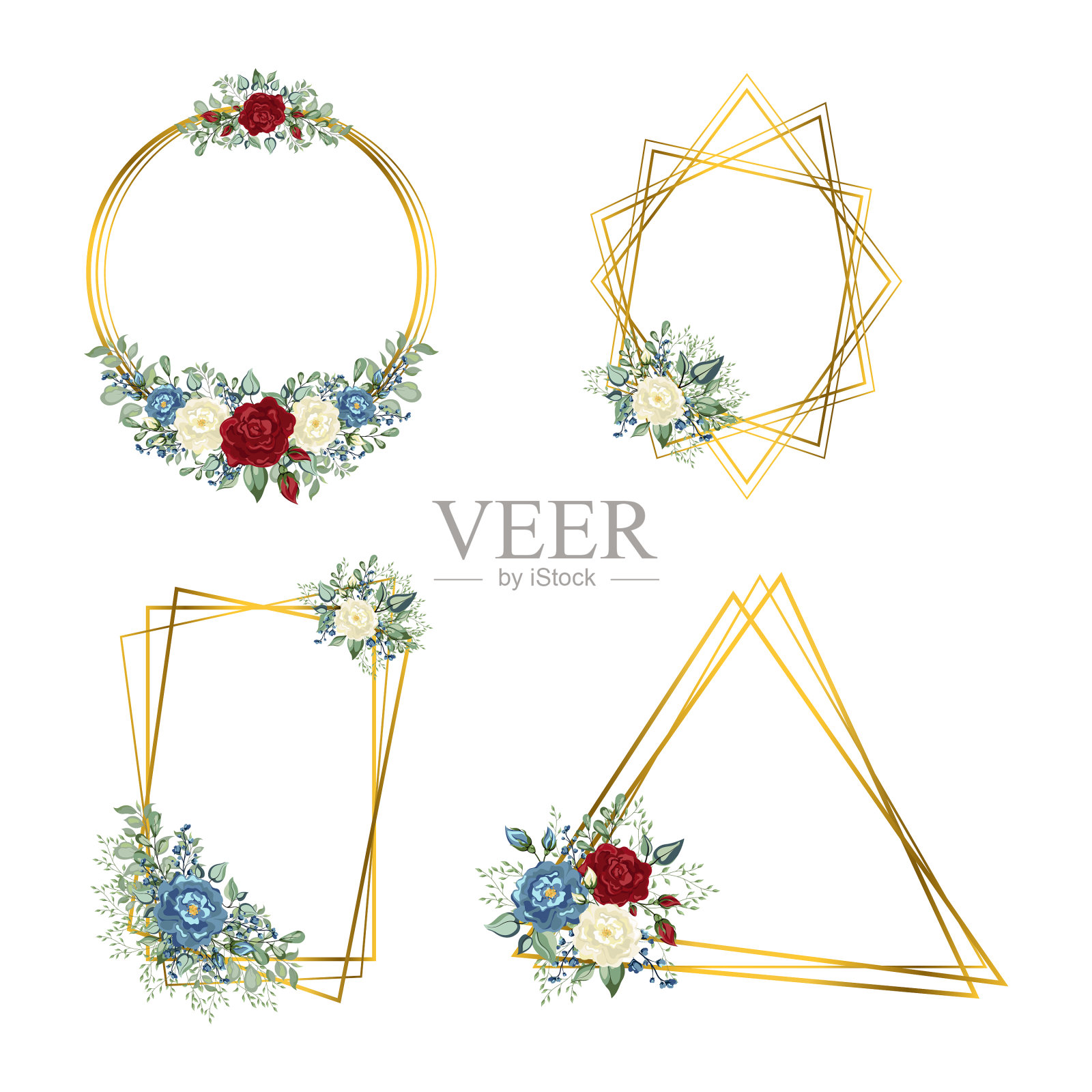 几何多面体与花插画图片素材