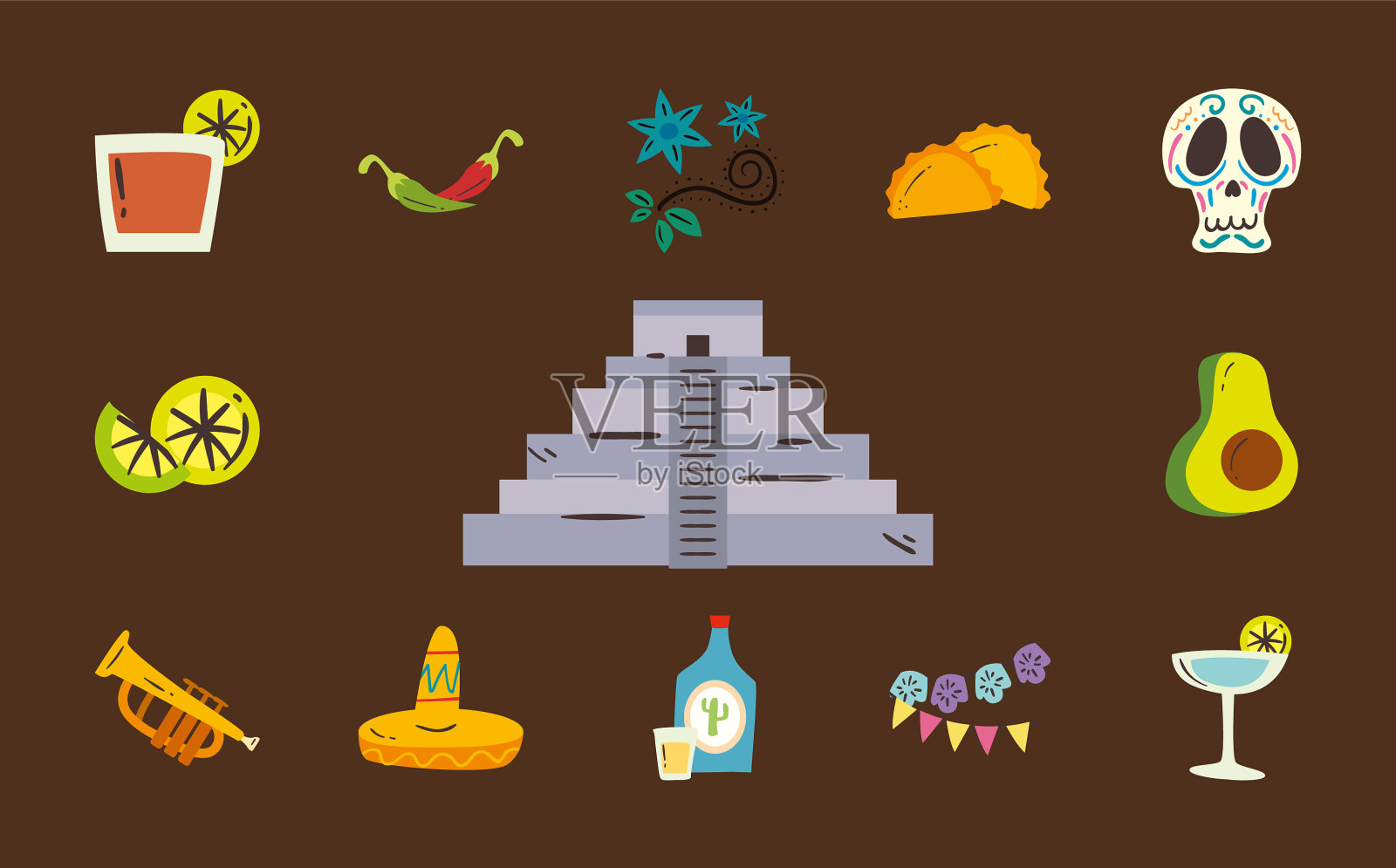 墨西哥金字塔和自由形式风格的图标集图标素材