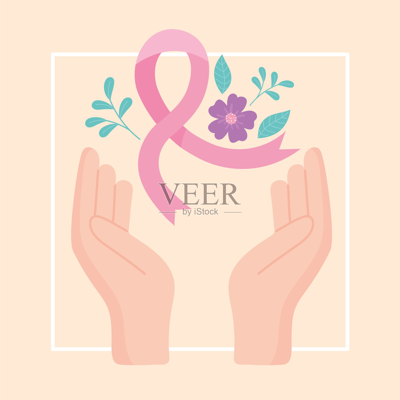 乳腺癌意识手捧粉红丝带花插画图片素材