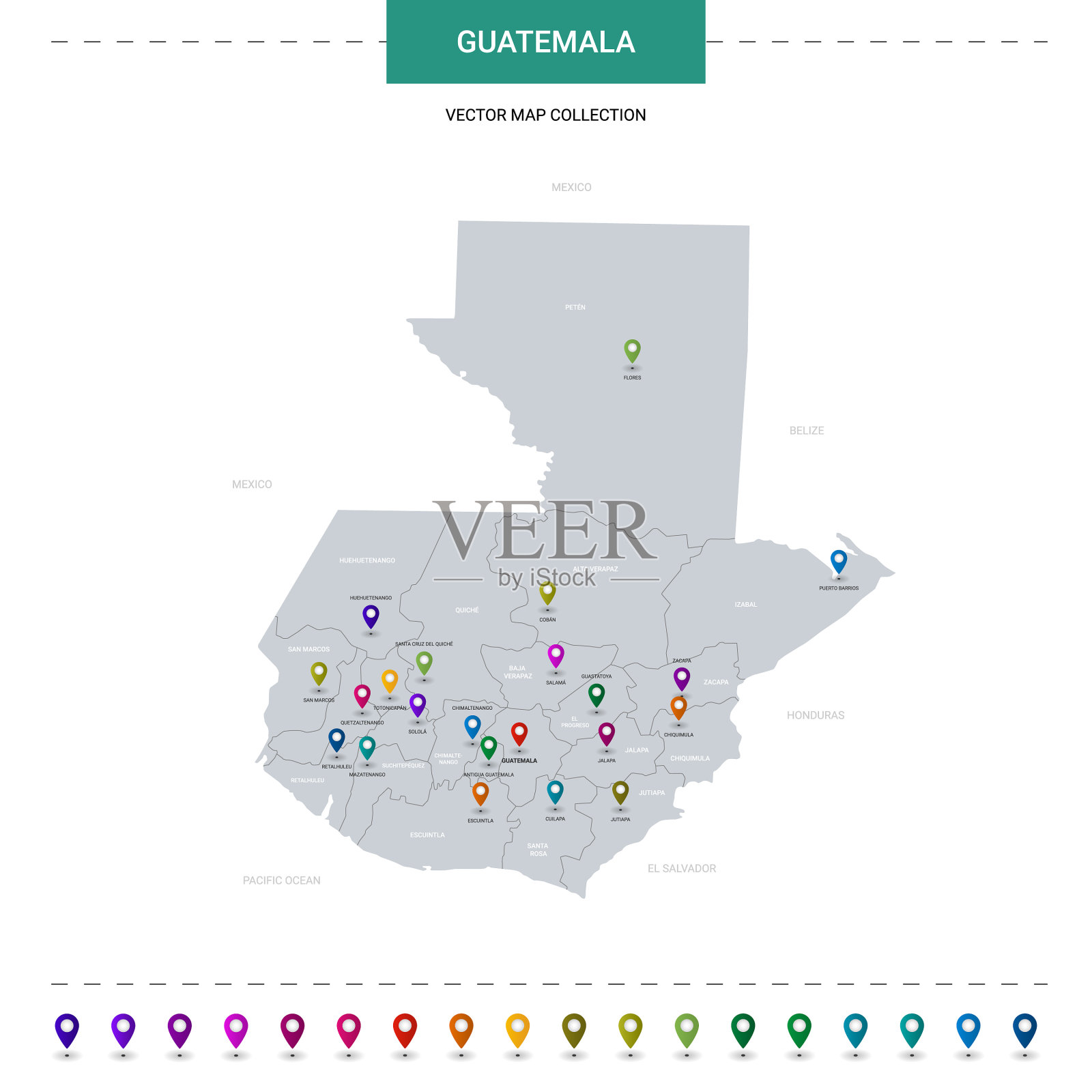 危地马拉地图与位置指针标记设计模板素材