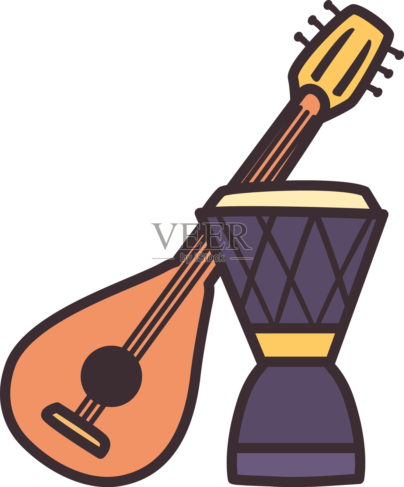 土耳其吉他和鼓线和填充风格图标设计元素图片