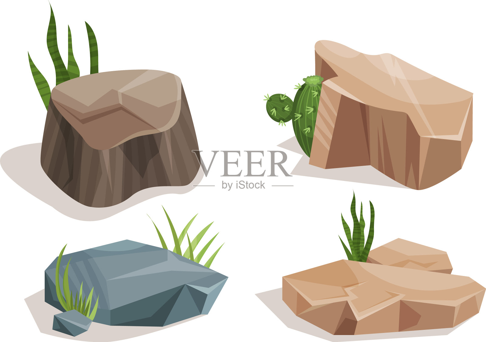 有仙人掌的沙漠石头或巨石插画图片素材