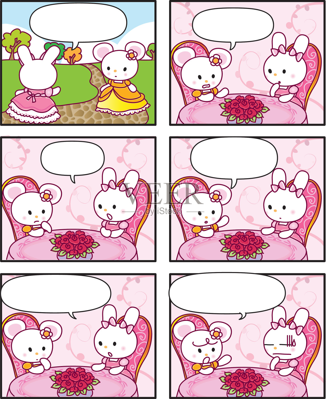 矢量卡通兔子公主的故事设定六格漫画插画图片素材