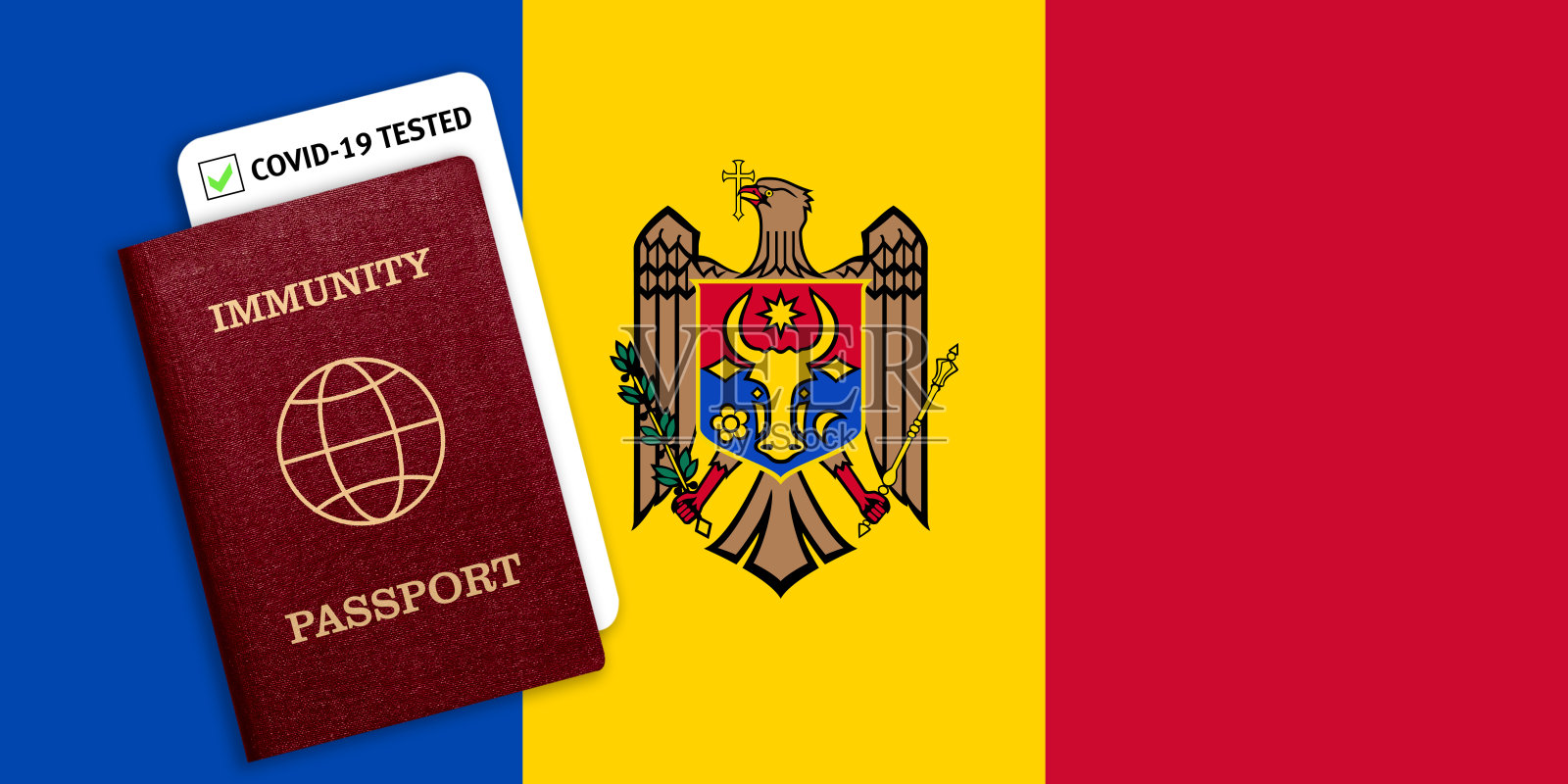 《豁免概念护照》、疫情暴发后的旅行证明，以及摩尔多瓦国旗上的COVID-19检测结果照片摄影图片