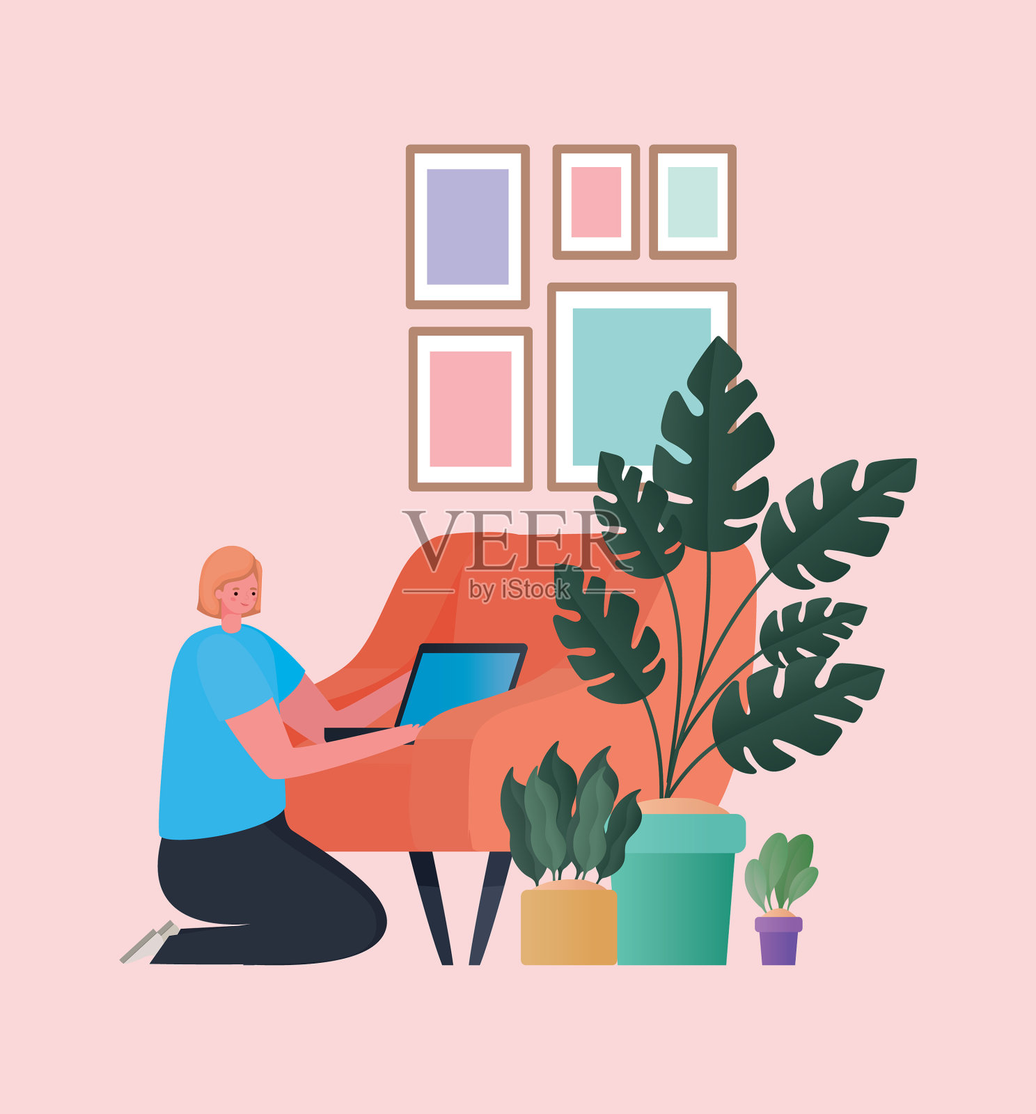 在橙色椅子上用笔记本电脑工作的女人插画图片素材