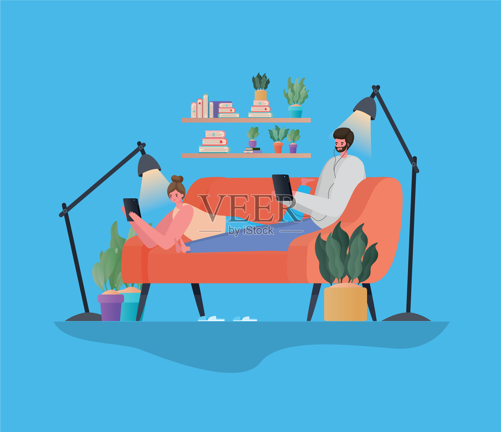 一男一女在橙色沙发上用平板电脑工作插画图片素材