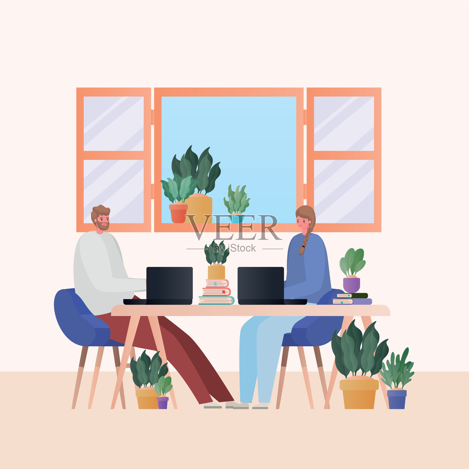 男人和女人在桌子上用手提电脑工作插画图片素材