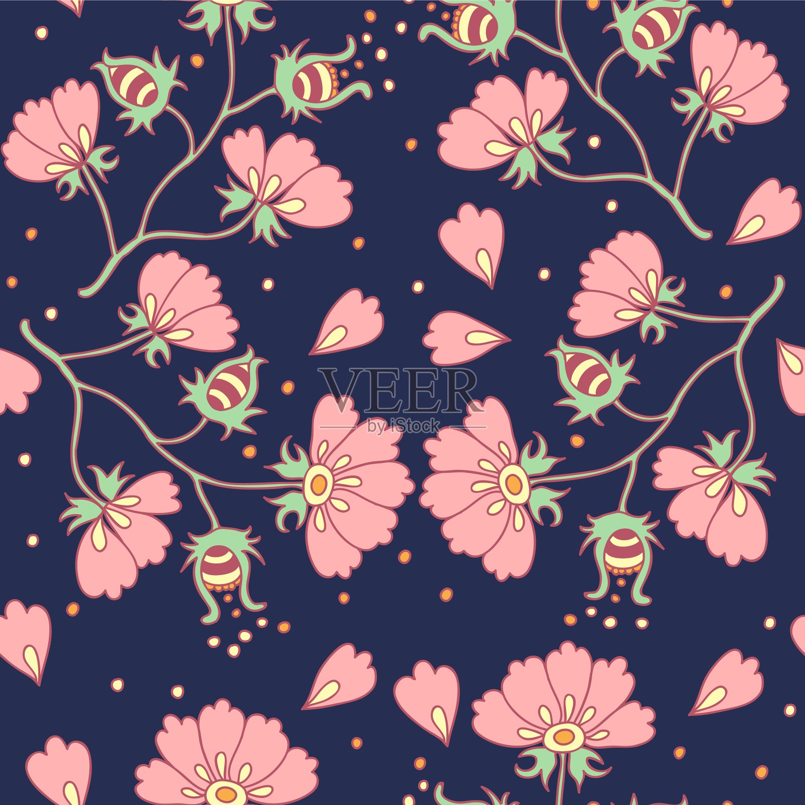 无缝图案与可爱的老式草地花插画图片素材