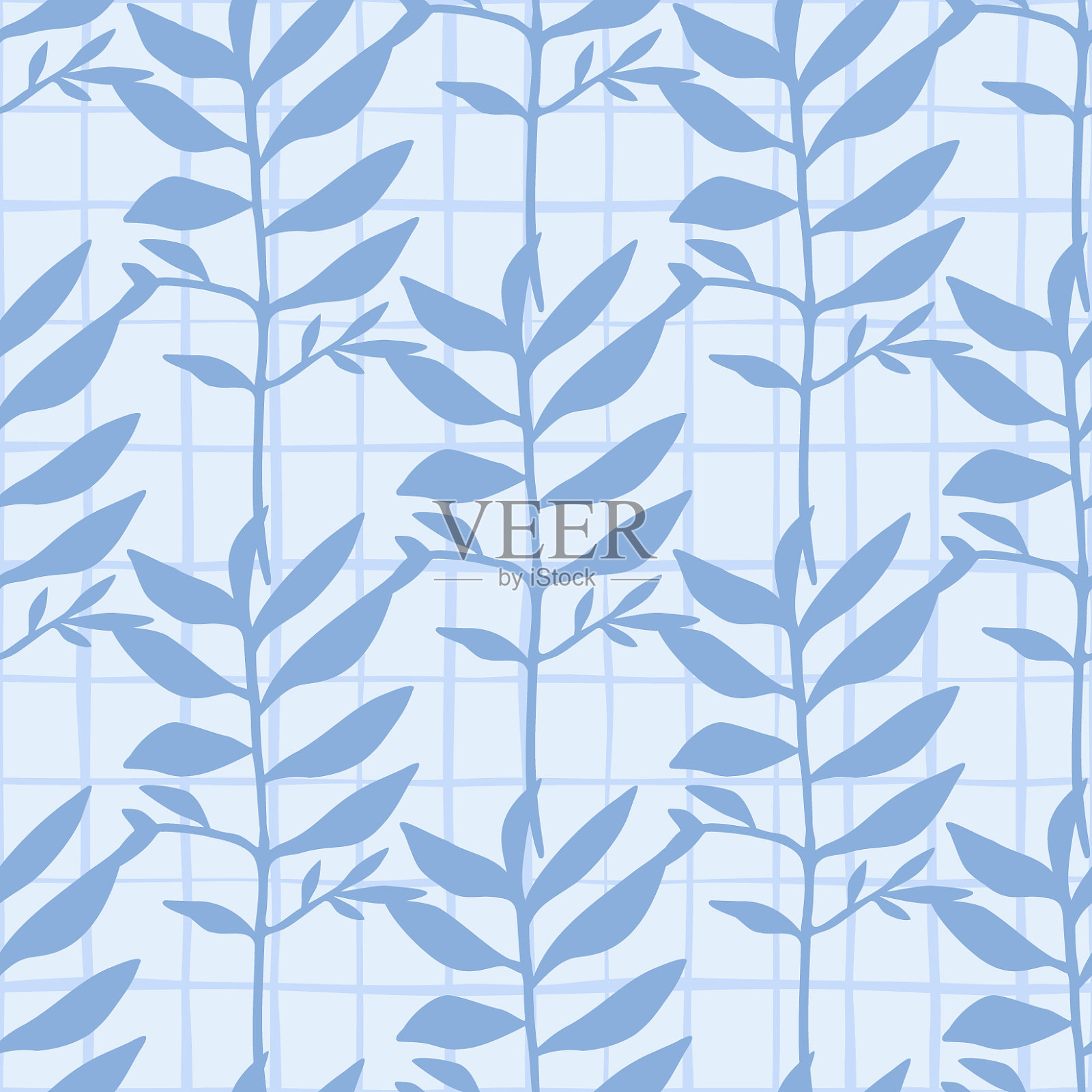 蓝色植物叶轮廓无缝图案插画图片素材