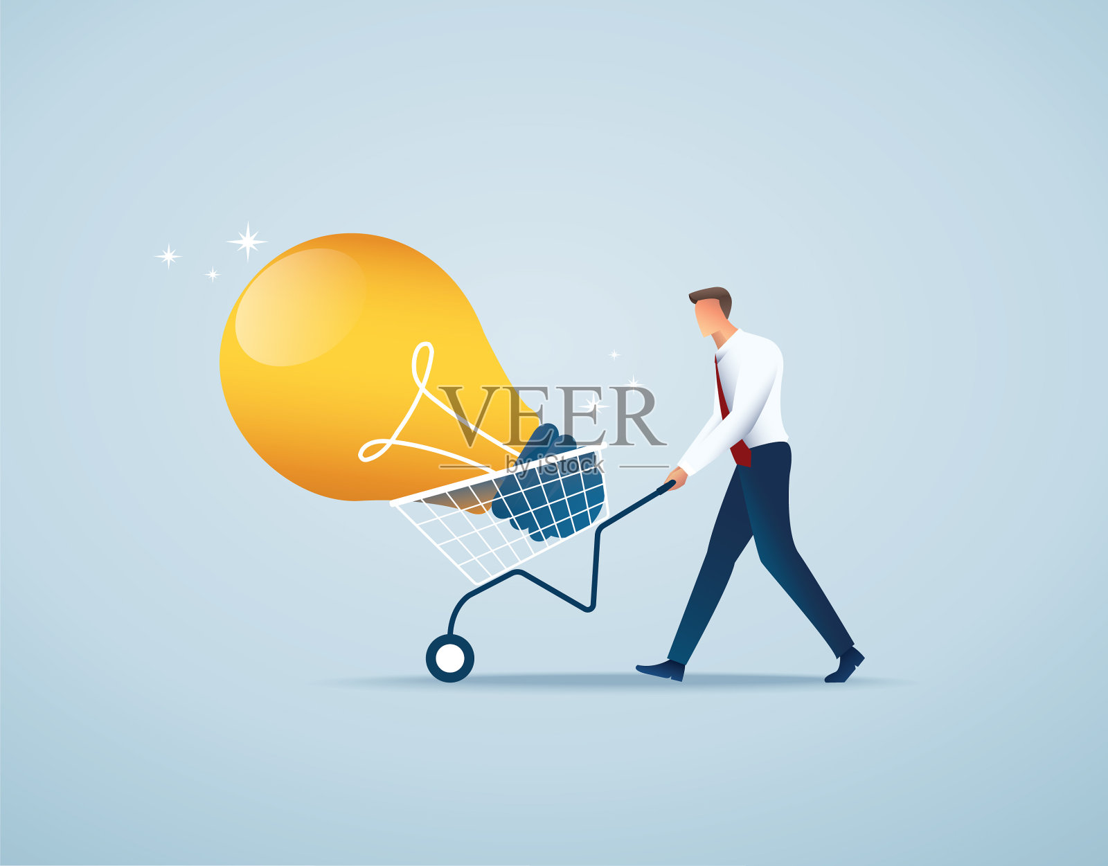 商人推着满车的灯泡插画图片素材