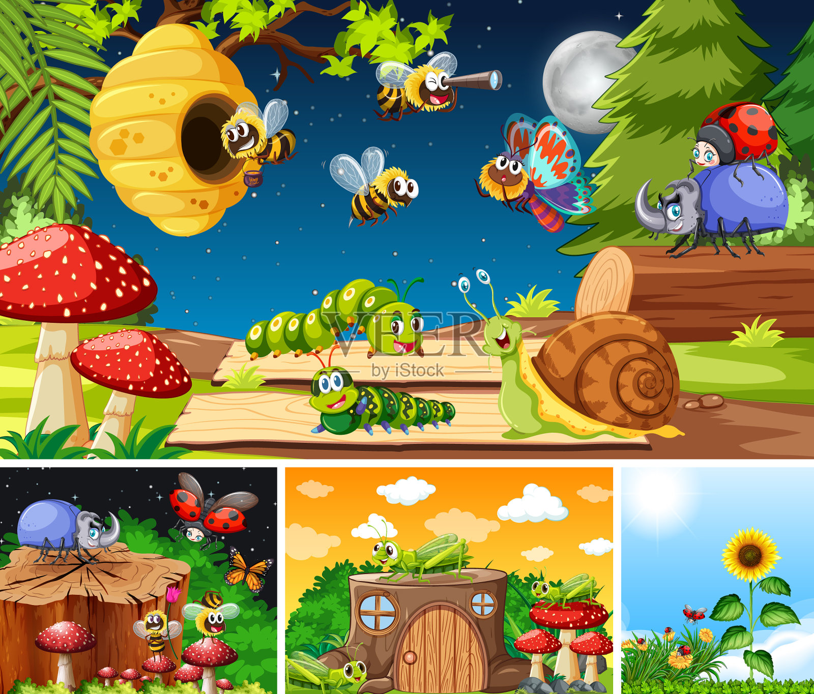 设置不同的昆虫生活在花园里插画图片素材