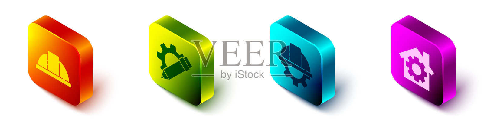 设置等距工人安全帽铅笔和图标素材