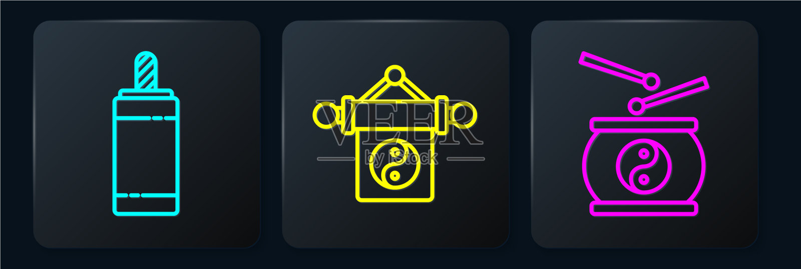 设置线烟花中国鼓和阴阳图标素材