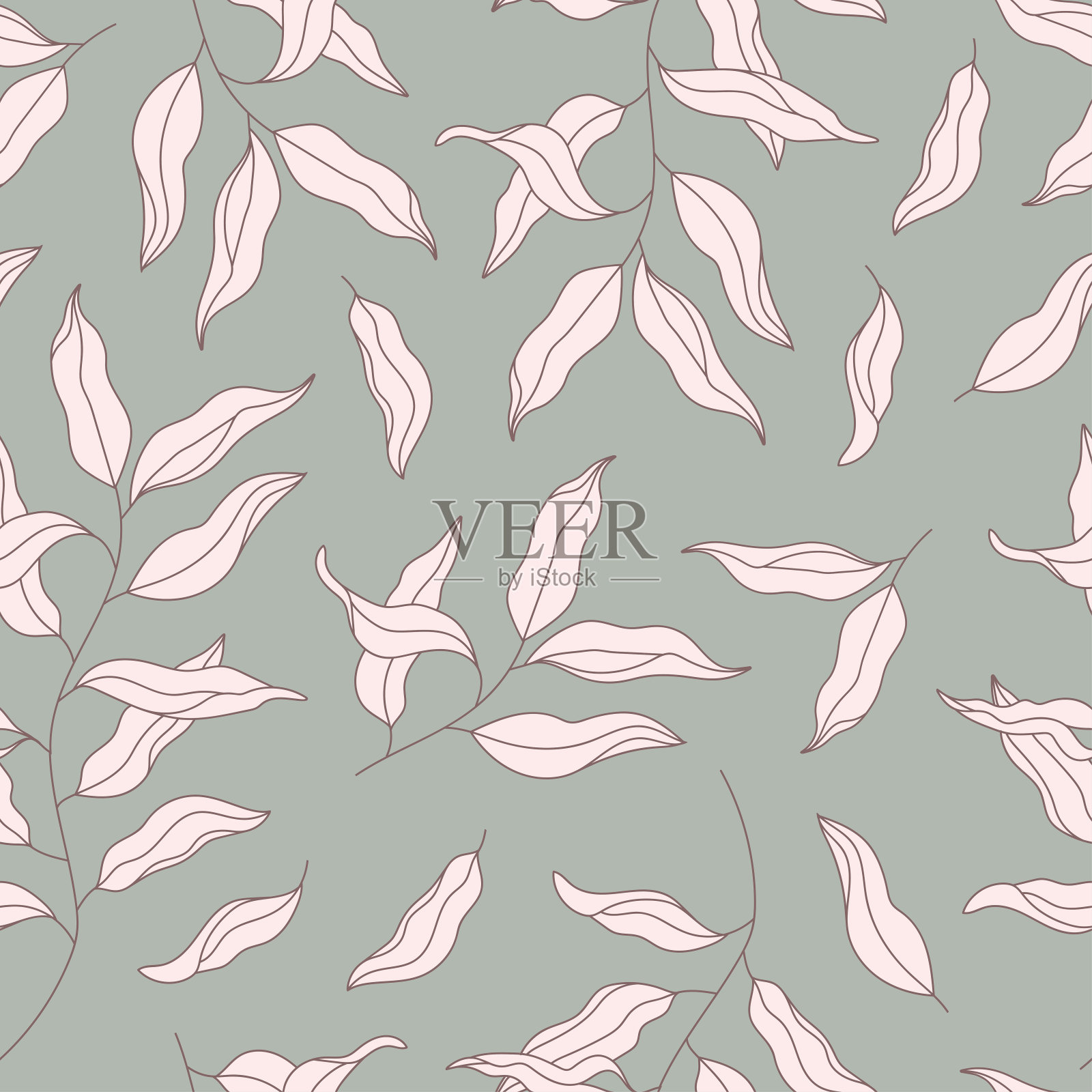 淡绿色背景上的粉红色桉树叶。柳枝无缝图案。植物，月桂枝现代装饰。花向量纹理设计打印插画图片素材