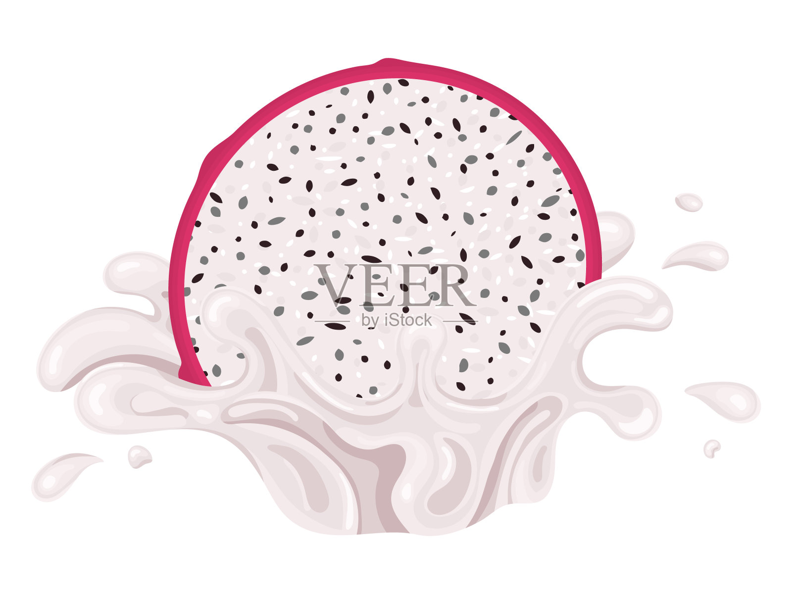 鲜红切成薄片的火龙果汁溅破孤立在白色背景上。夏天果汁。卡通风格。矢量插图为任何设计。插画图片素材