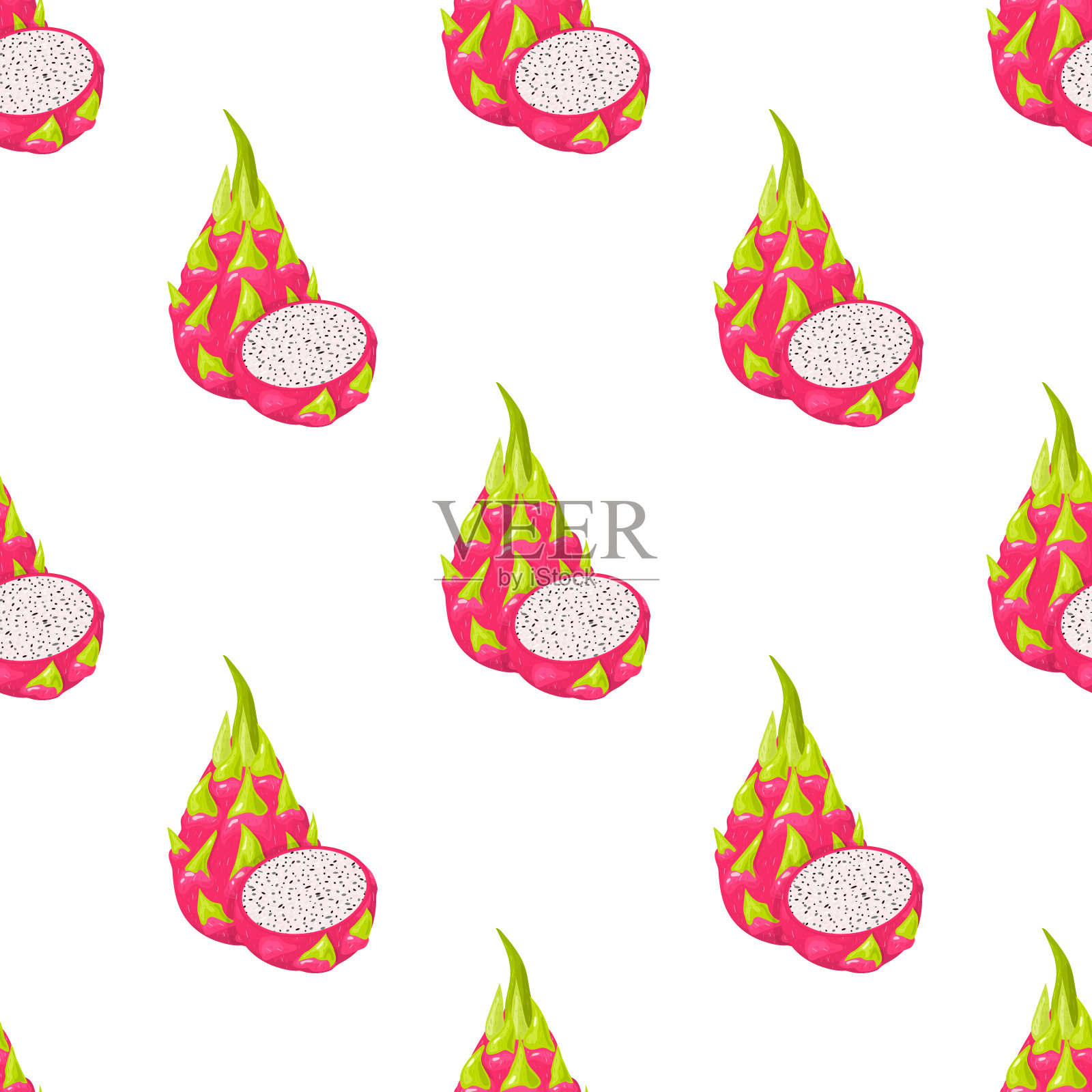 无缝图案，鲜红火龙果全切半切，孤立在白色背景上。夏日水果，健康生活方式。有机水果。卡通风格。矢量插图为任何设计。插画图片素材