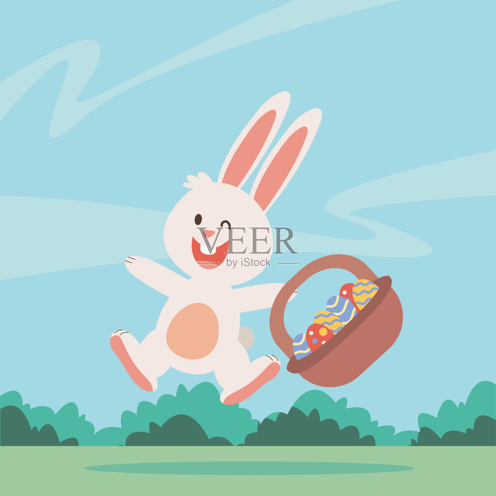 可爱的复活节小兔子用彩蛋画在篮子里的角色插画图片素材