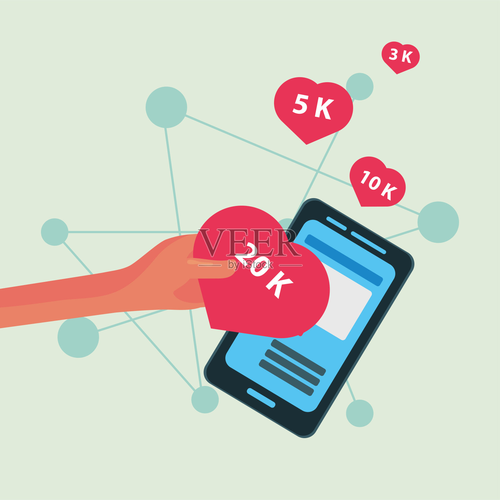 手与智能手机，心与爱插画图片素材