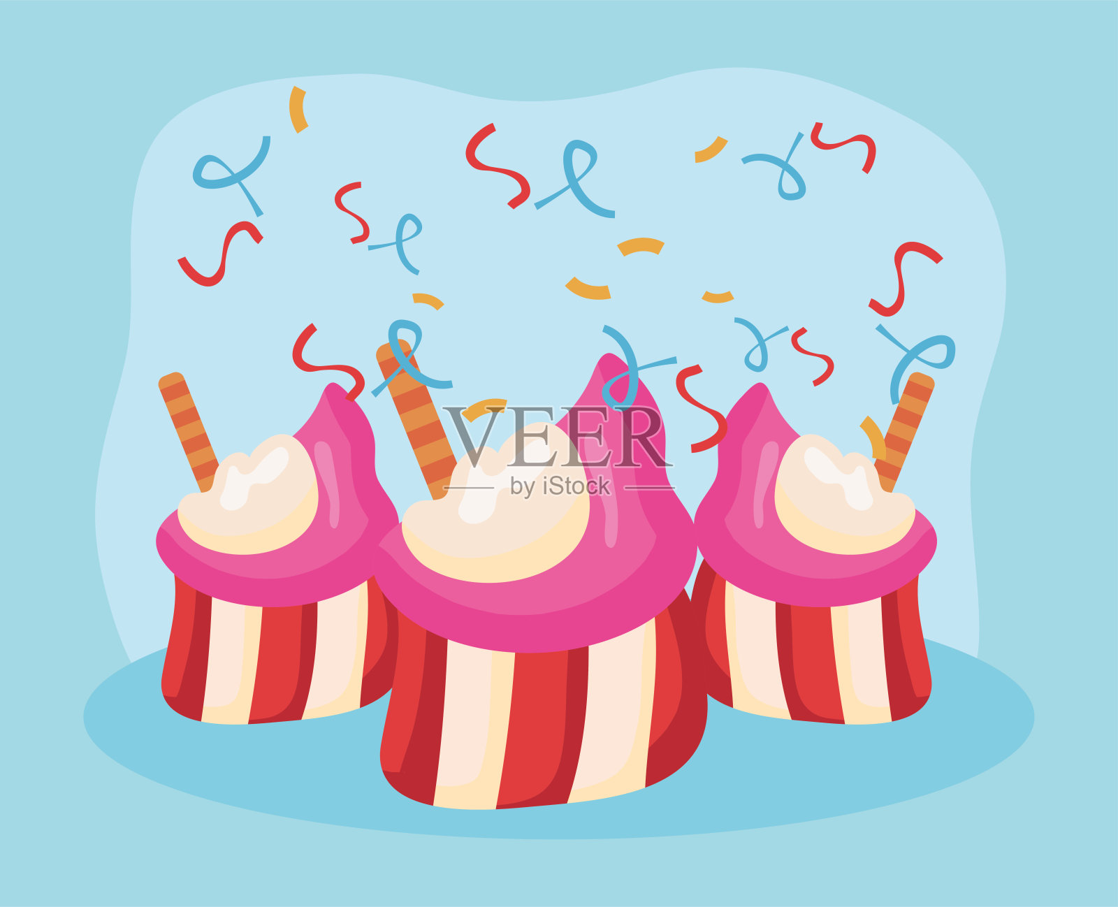 生日快乐，甜蜜的纸杯蛋糕和五彩纸屑插画图片素材