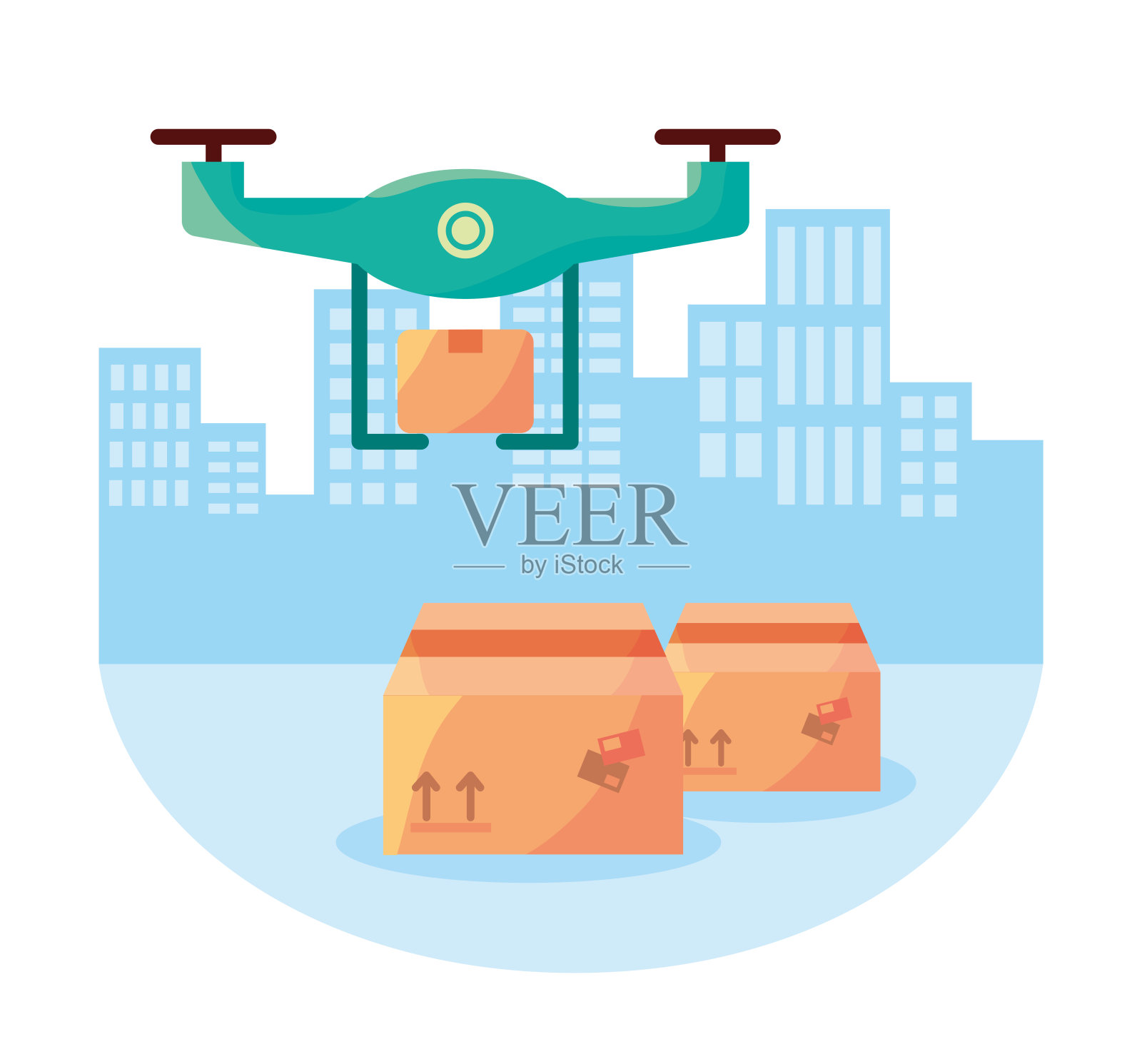 无人机飞行与纸箱快递服务图标插画图片素材