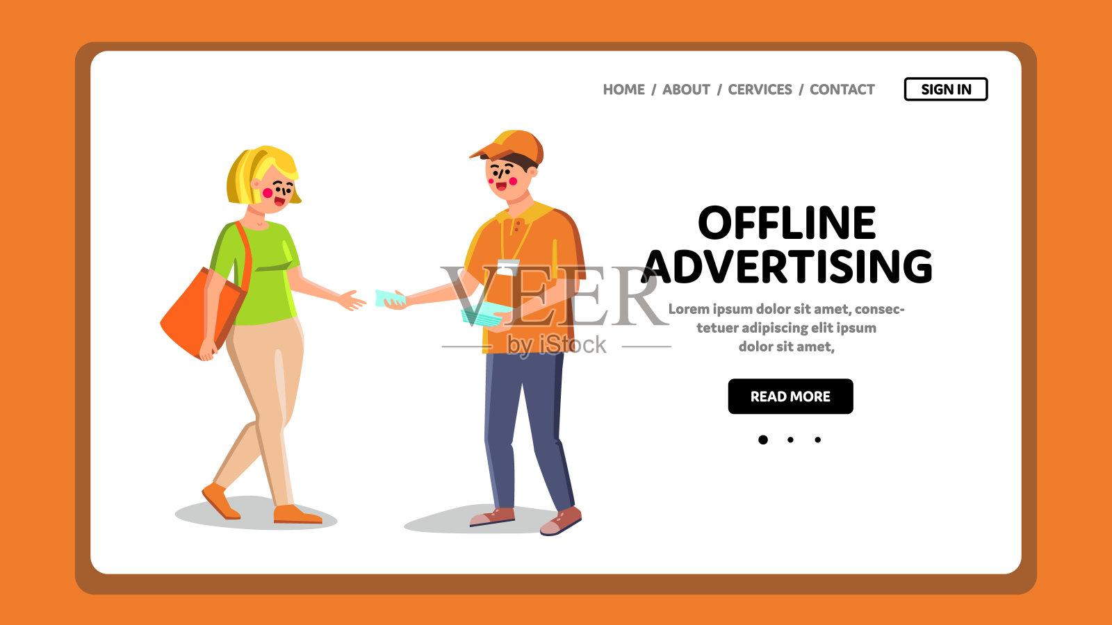 线下广告，工人给传单载体插画图片素材