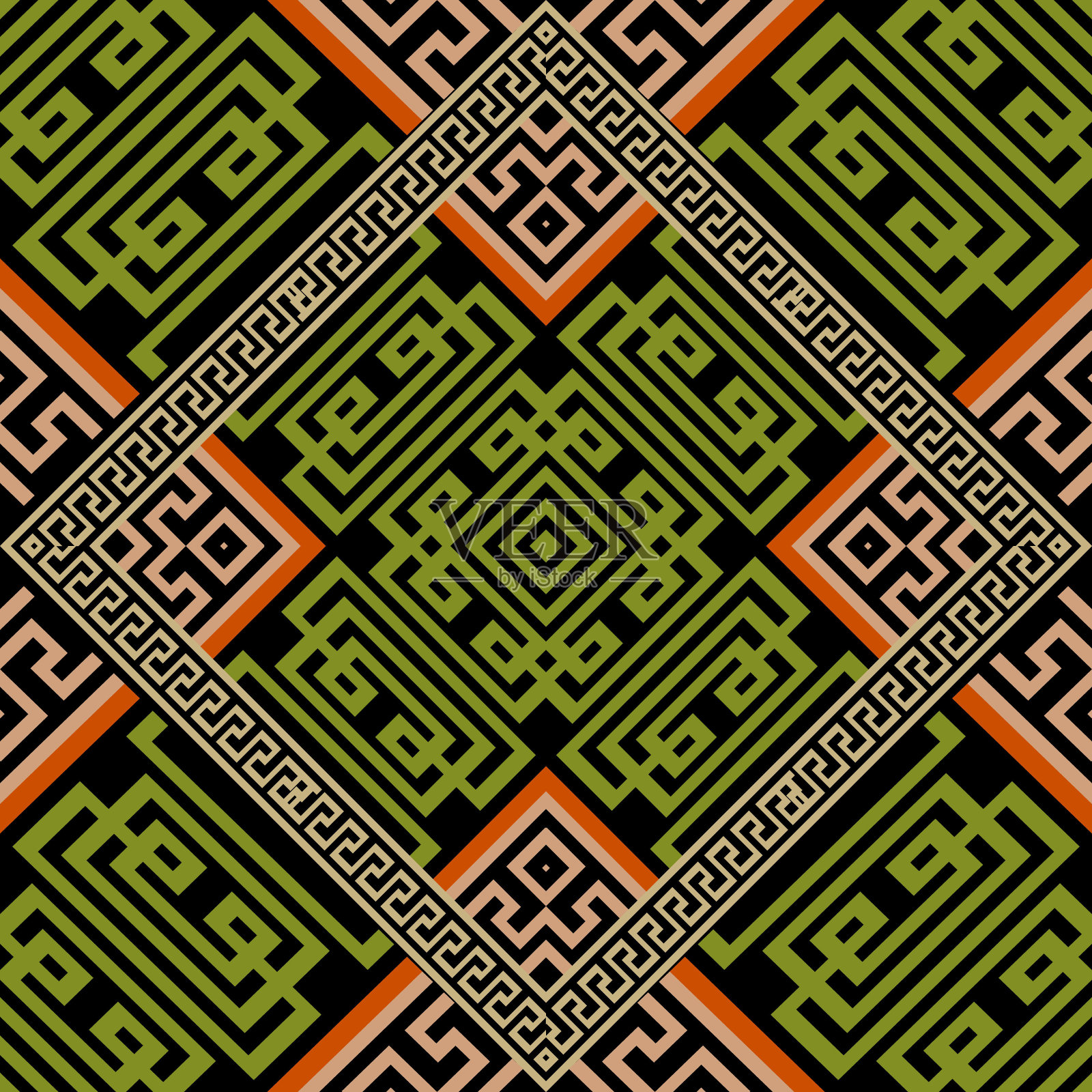 希腊部落民族风格无缝图案。几何彩色背景。矢量重复图案的背景。有边框，框架，希腊键，曲流，几何形状，菱形的抽象装饰品插画图片素材