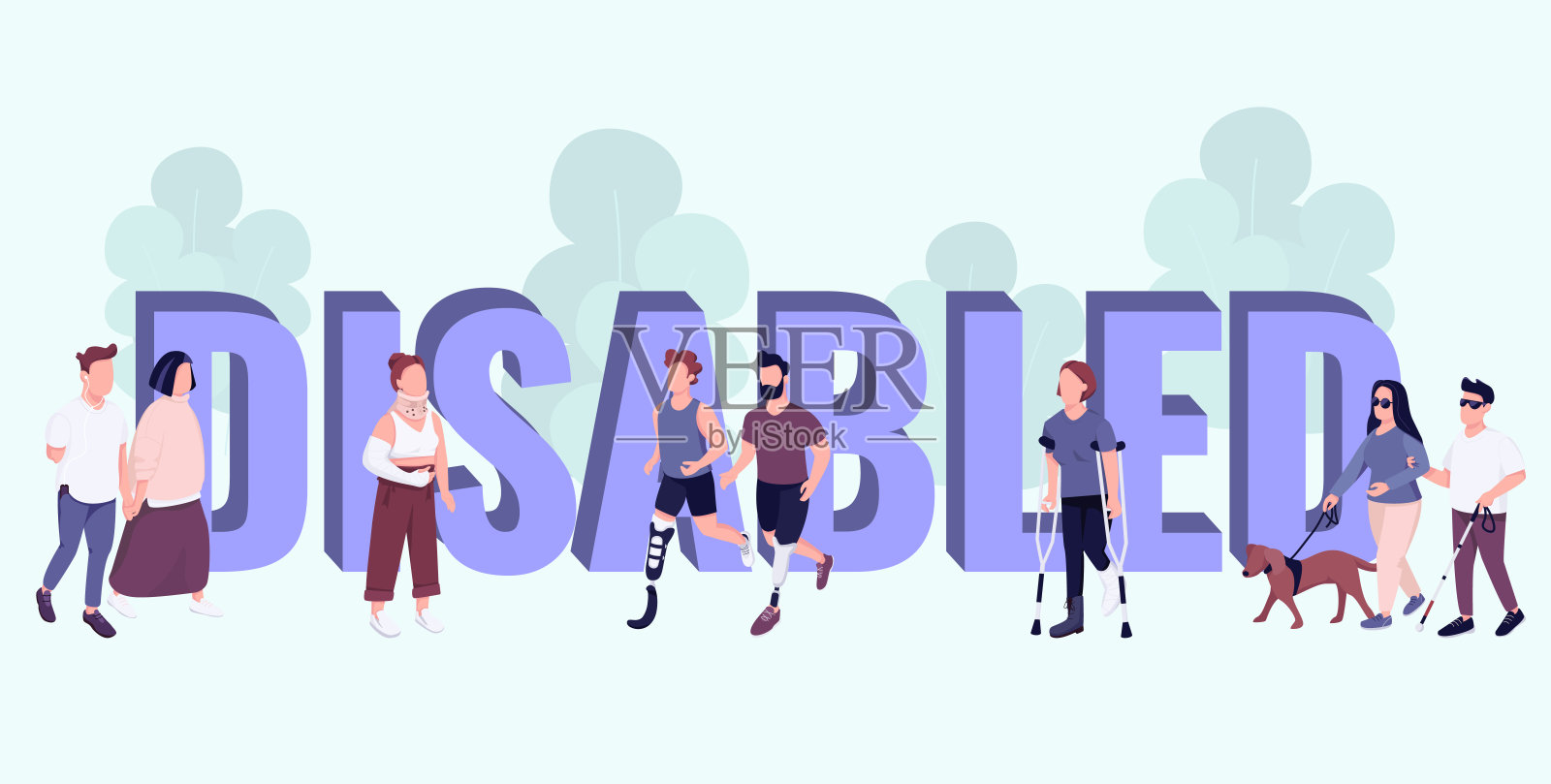 禁用字概念平面颜色向量横幅。孤立的排版与微小的卡通人物。残疾人和受伤的人积极的生活方式，创造性的插图在蓝色插画图片素材