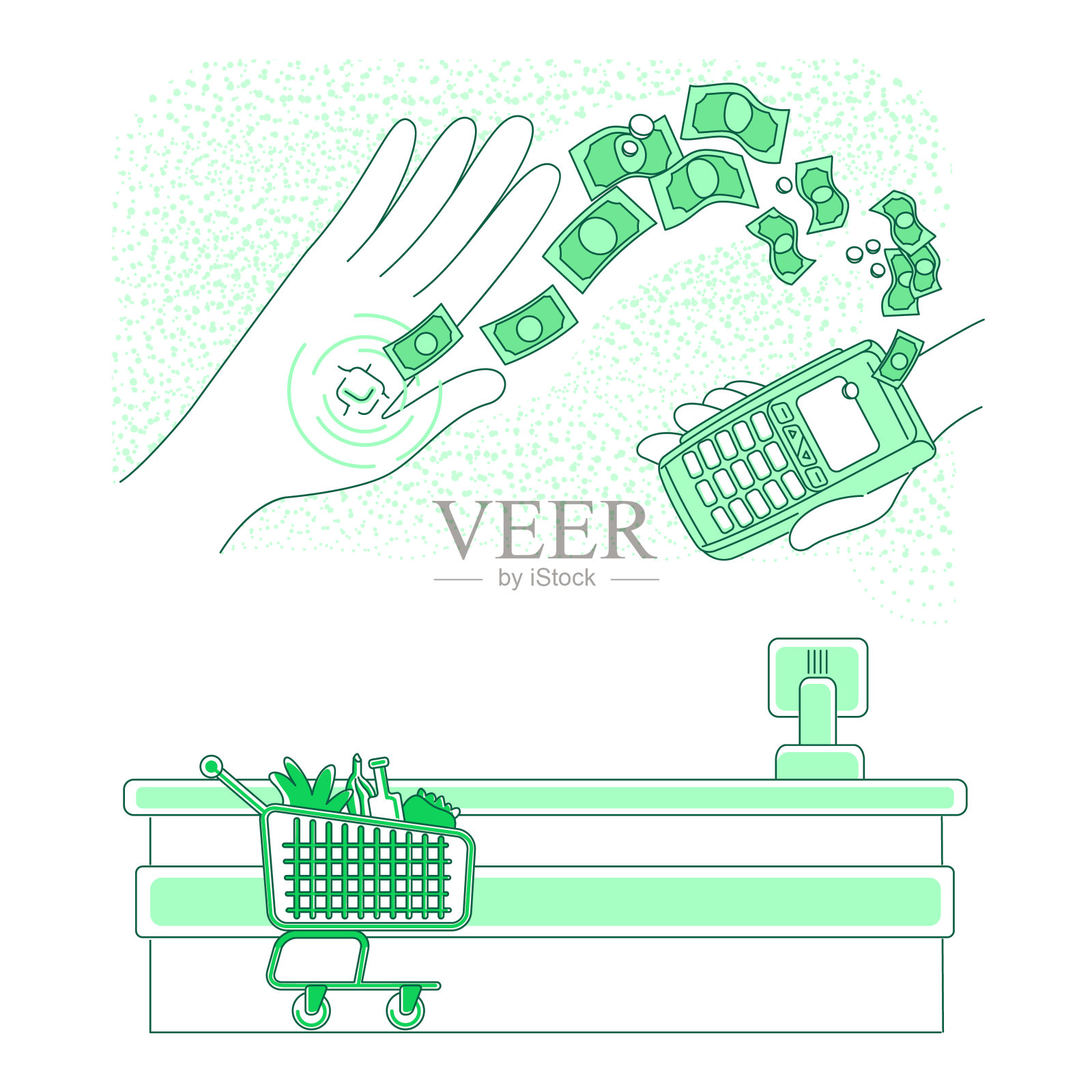 智能芯片嵌入人的手细线概念矢量插图。在结账时进行非接触式付款的人。网页设计2D卡通人物。NFC支付技术创意插画图片素材