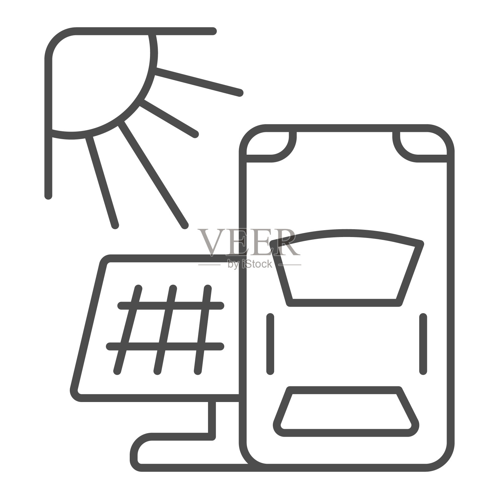 汽车与太阳能电池板和太阳细线图标，电动汽车概念，混合动力汽车和替代能源标志的白色背景，太阳能电动汽车的图标轮廓风格。矢量图形。插画图片素材