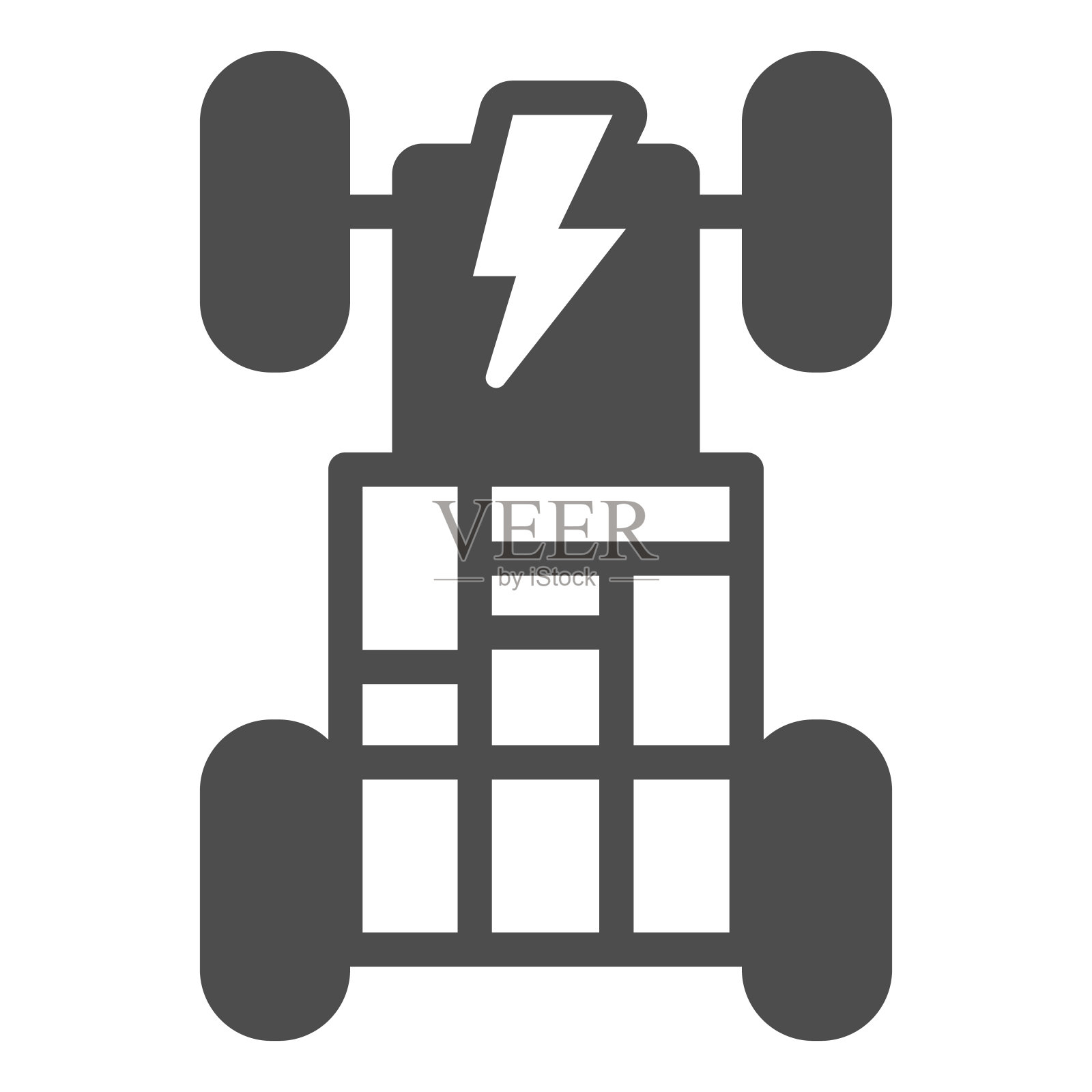 汽车底盘与充电电池固体图标，电动汽车概念，汽车与能源电池标志的白色背景，电子汽车系统图标的字形风格。向量。插画图片素材