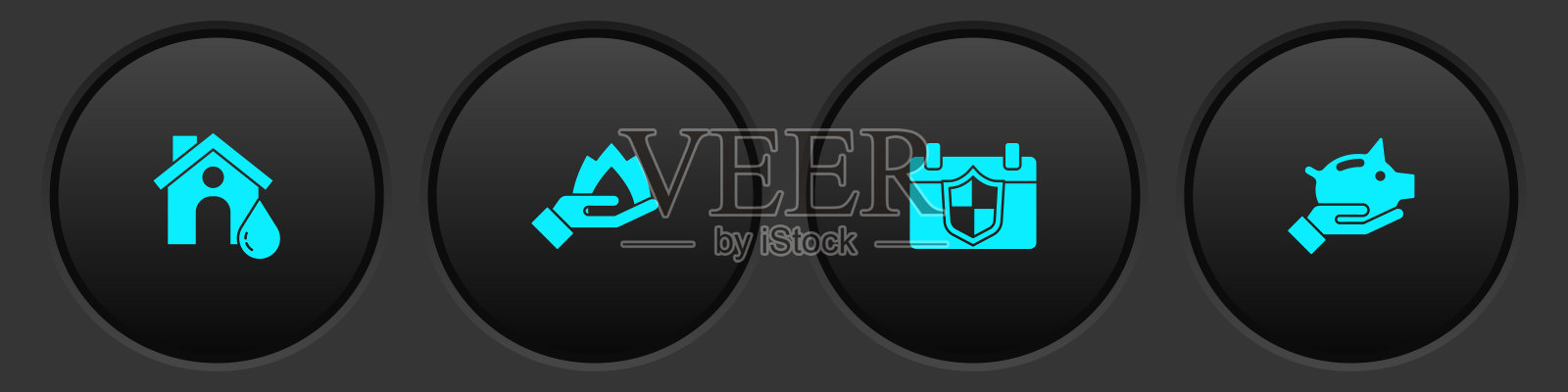 设定房子洪水，手握火，日历与盾牌和存钱罐图标。向量图标素材