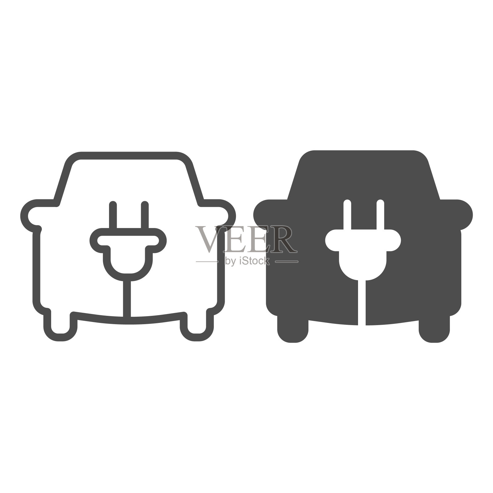 汽车和电线与插头线和固体图标，电动汽车概念，生态运输标志上的白色背景，电动生态汽车与电线插头图标在轮廓风格的移动，网页。矢量图形。图标素材