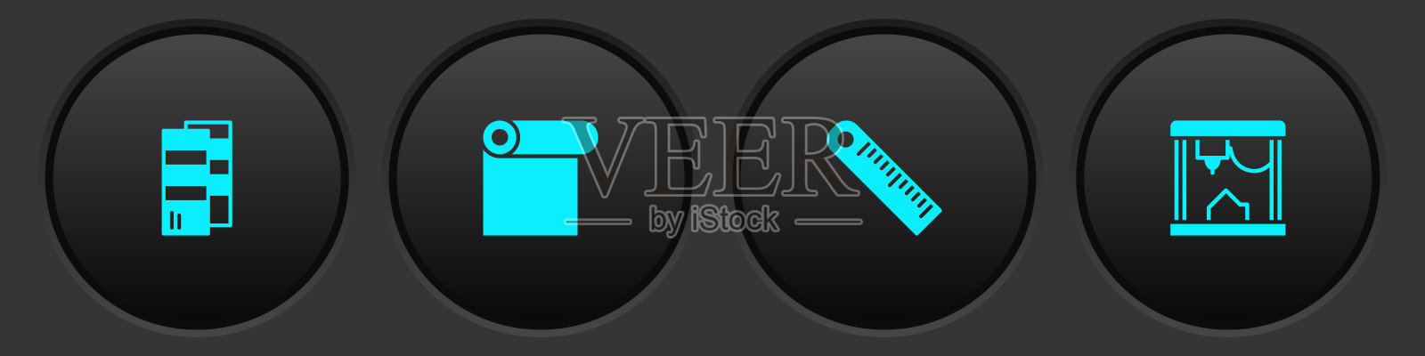 设置潘通，纸卷，尺和3D打印机图标。向量图标素材