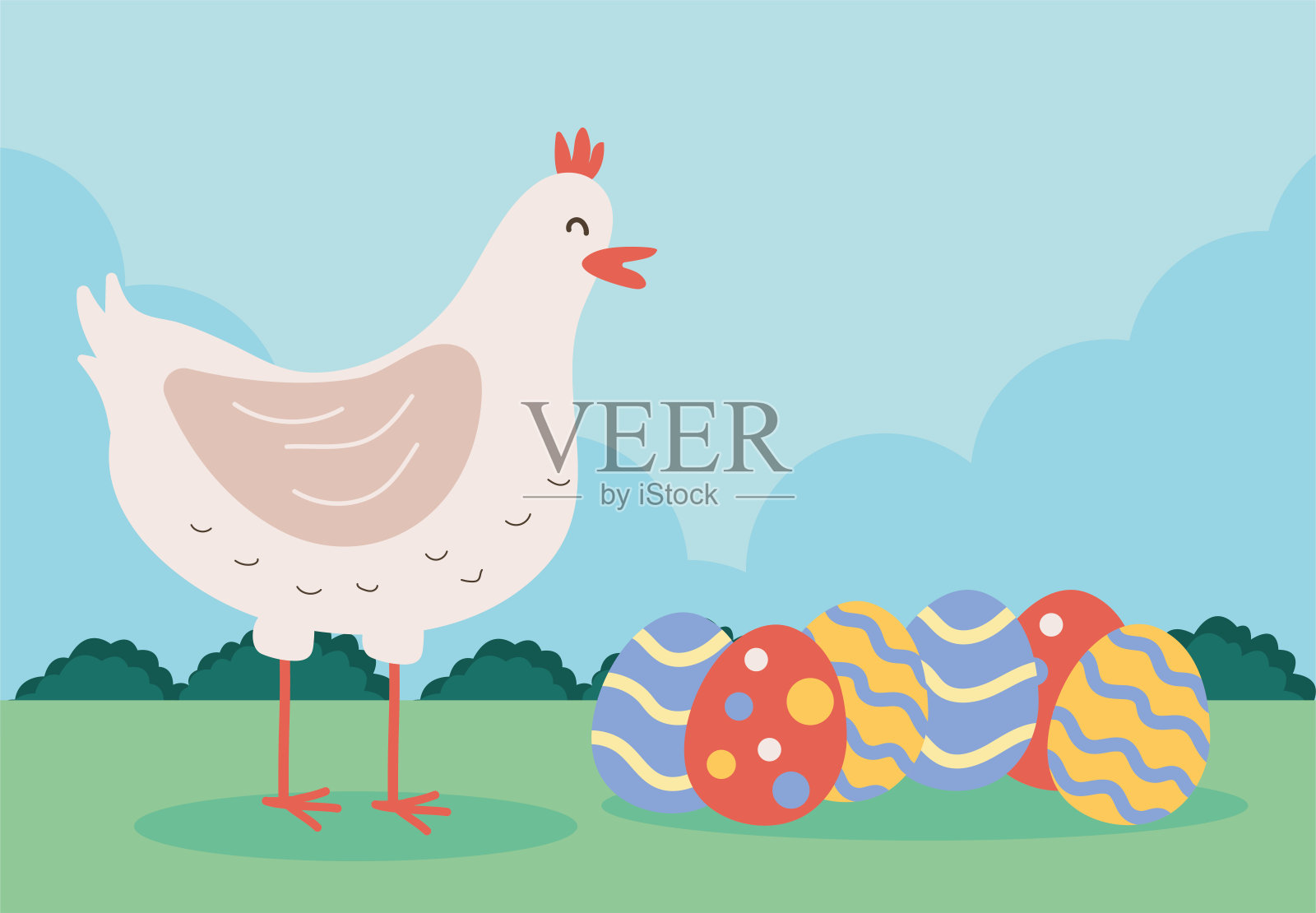 营地里画着蛋的可爱母鸡插画图片素材