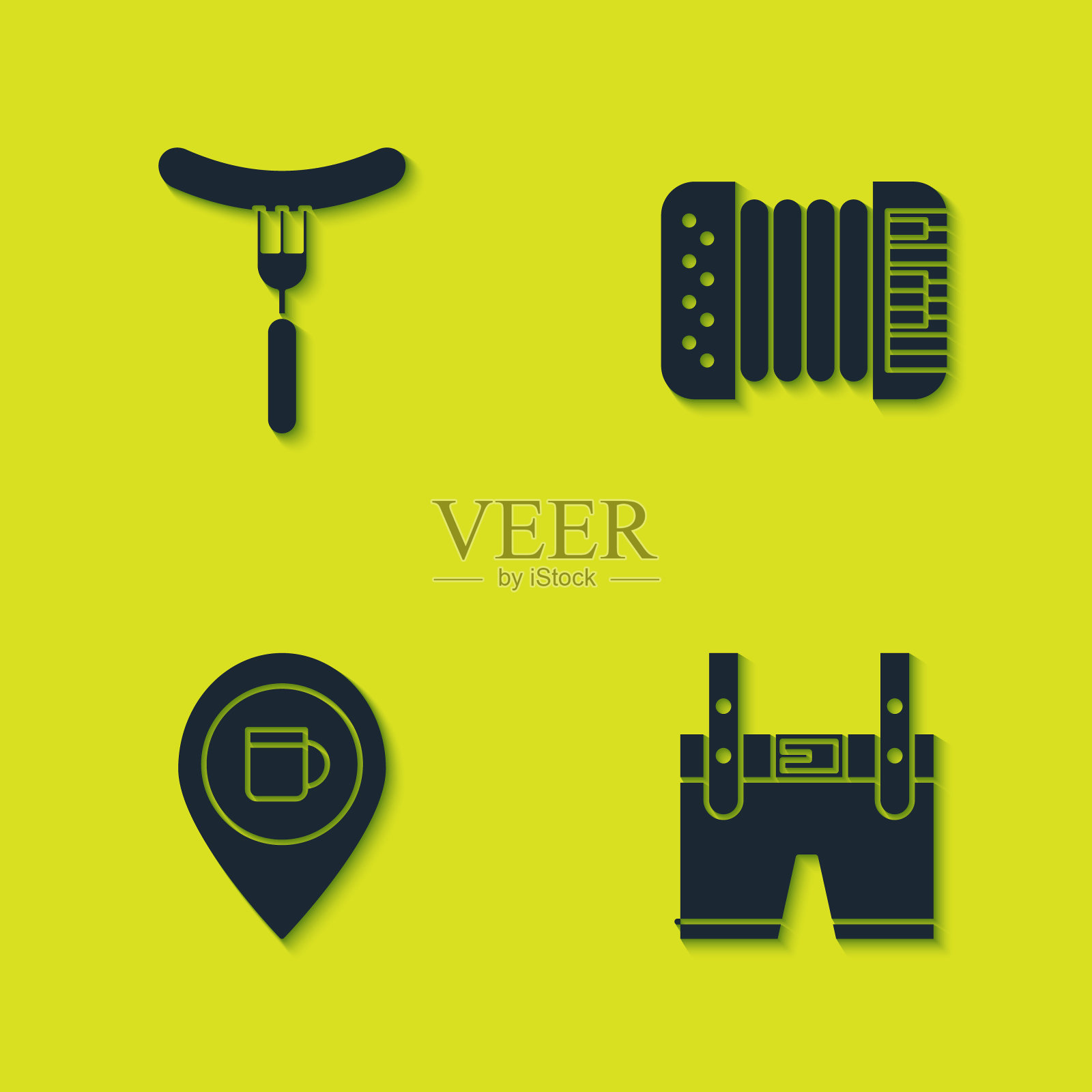 设置香肠叉子，皮短裤，酒精啤酒酒吧的位置和手风琴图标。向量图标素材