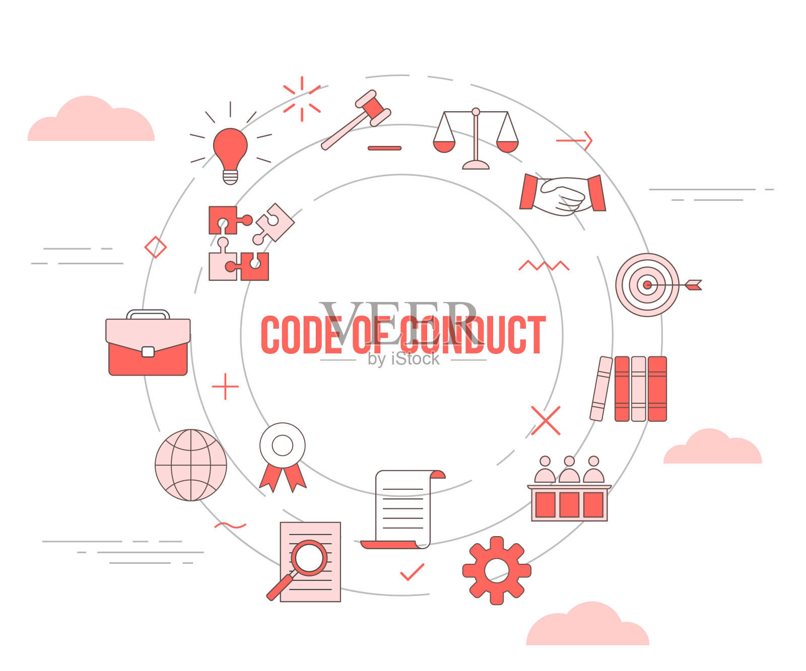 行为准则概念与图标设置模板横幅与现代橙色风格和圆形圆形形状插画图片素材