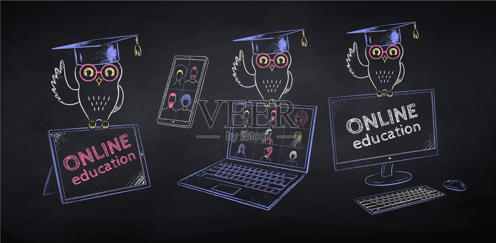 戴着学位帽和电子设备的猫头鹰插画图片素材