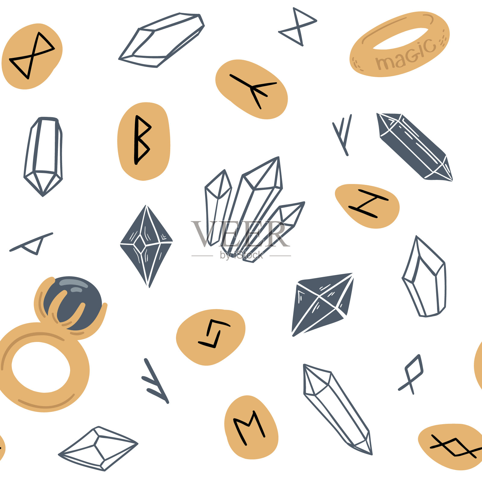 无缝矢量模式与戒指，符文和水晶或宝石在白色背景。神奇的背景插画图片素材