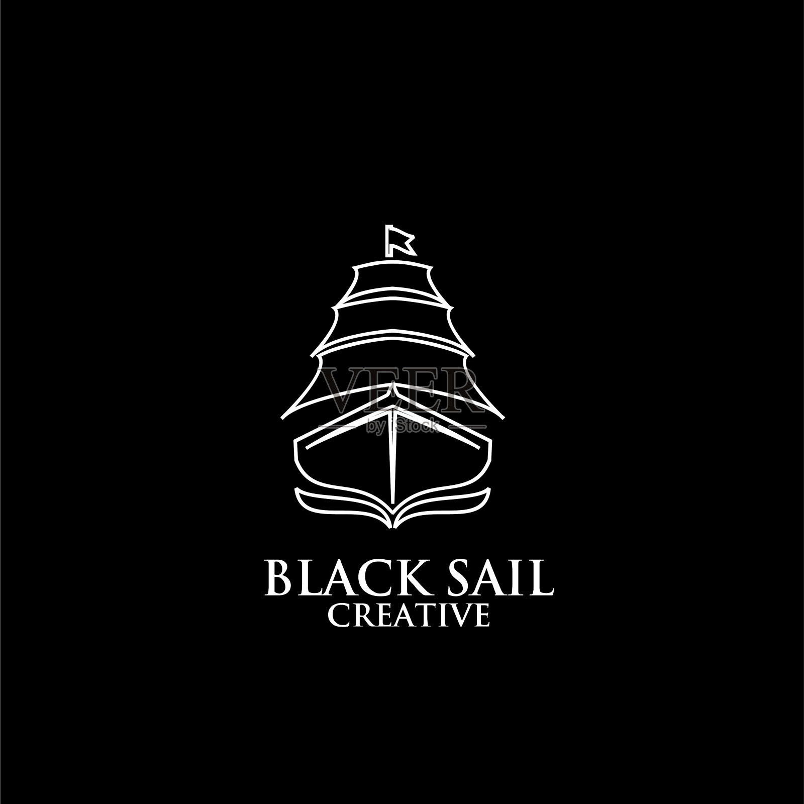 黑色单线轮廓帆船船简单的标志图标设计矢量插图设计元素图片