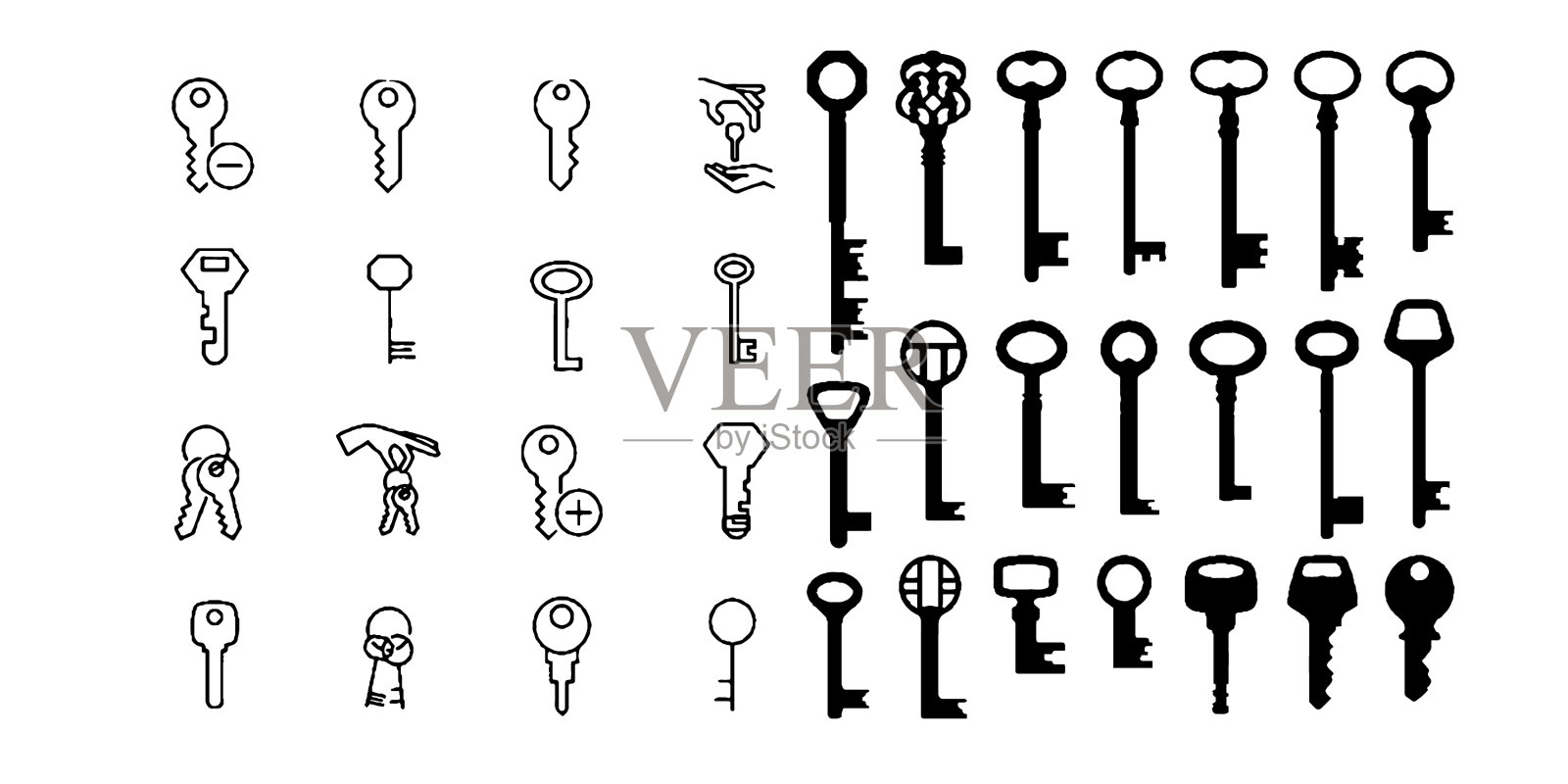 钥匙和锁设置图标隔离在白色图标素材